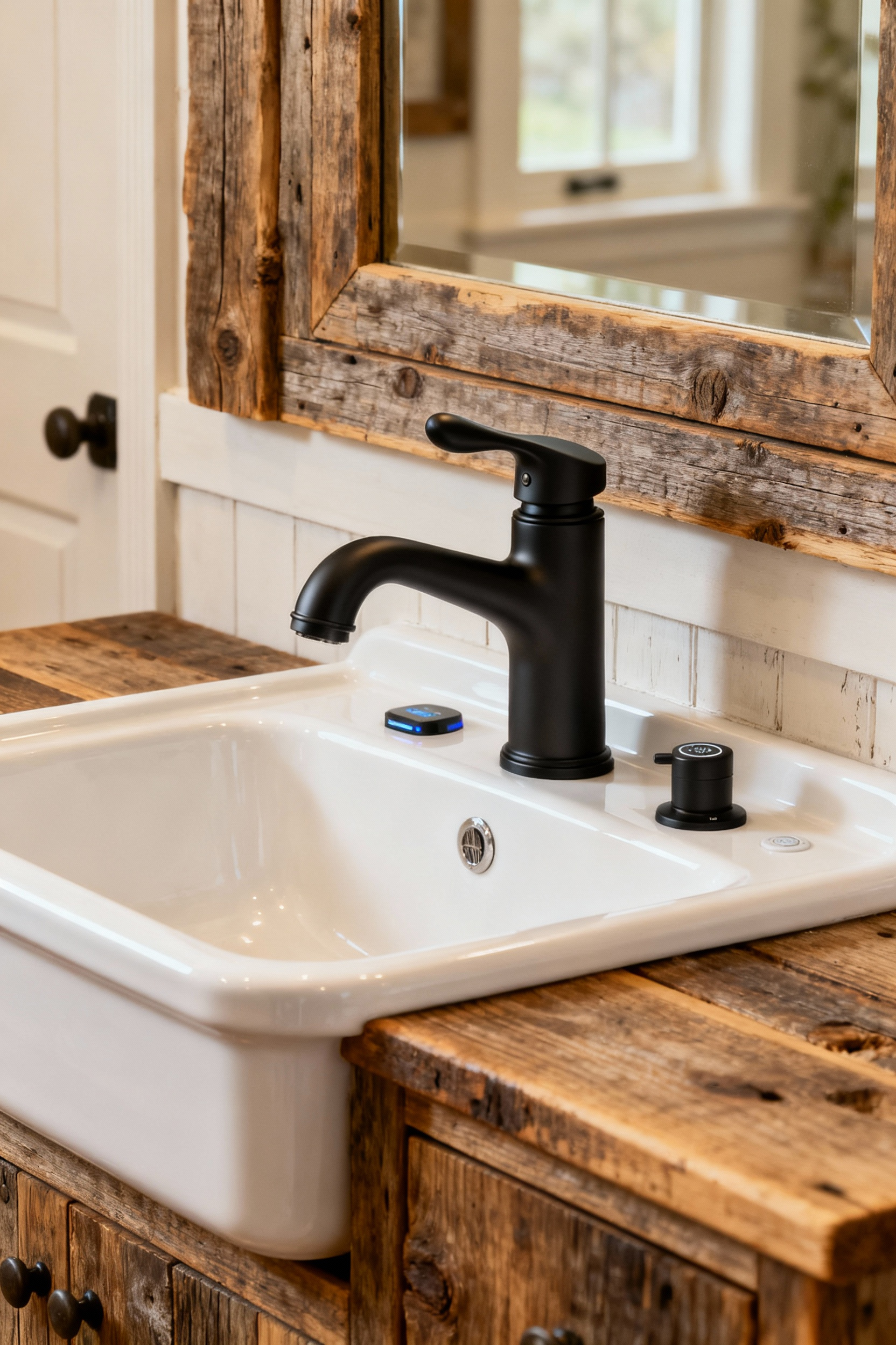 Farmhouse bathroom vanity with a matte black lever handle faucet over a white porcelain sink, emphasizing accessible and ergonomic design. The rustic wooden vanity is bathed in warm light, showcasing a blend of traditional farmhouse style with modern operability.