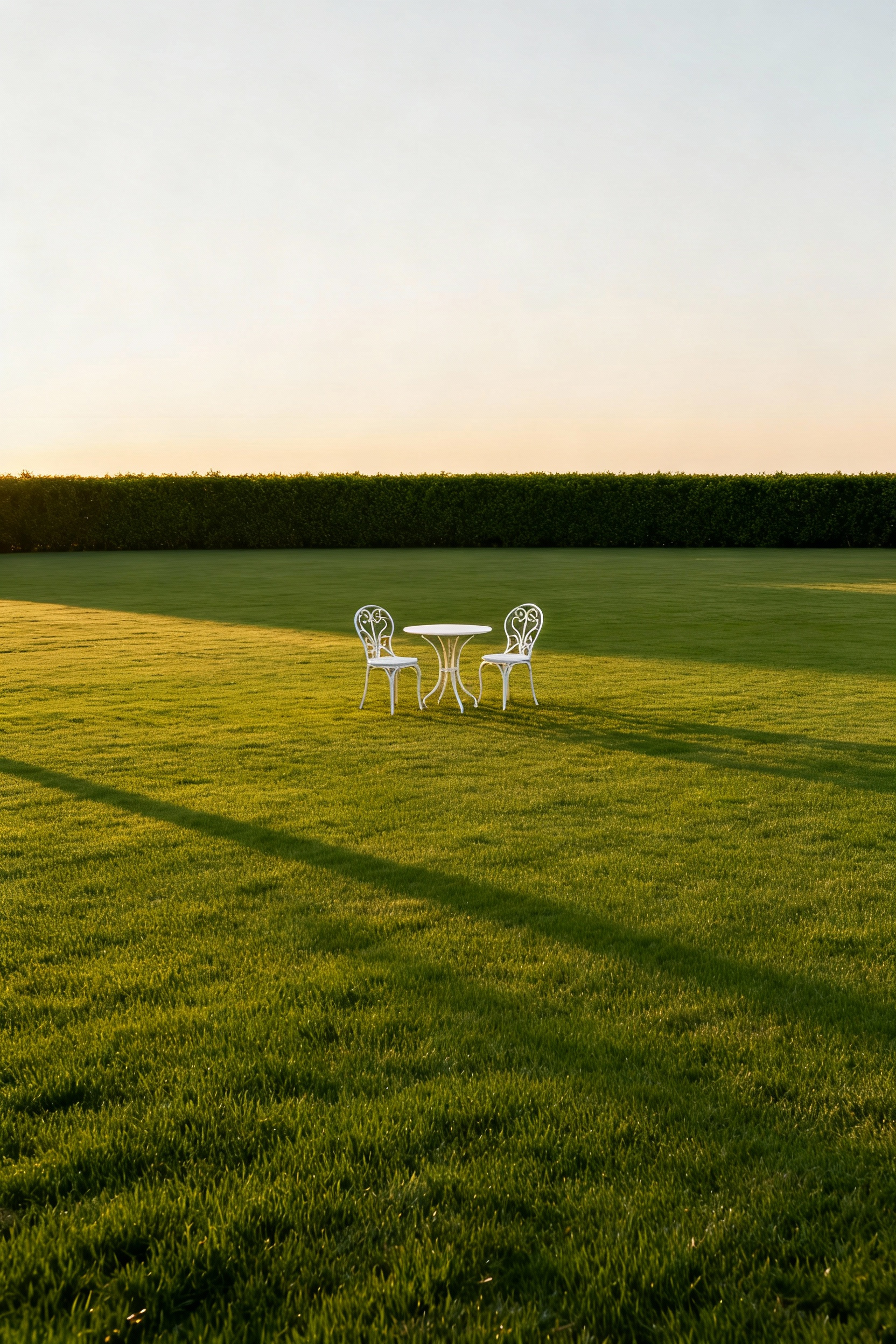 A wide-angle view of a vast, open, manicured lawn with a small, isolated bistro set, illustrating an acoustic void lacking natural enclosures for intimate conversation.