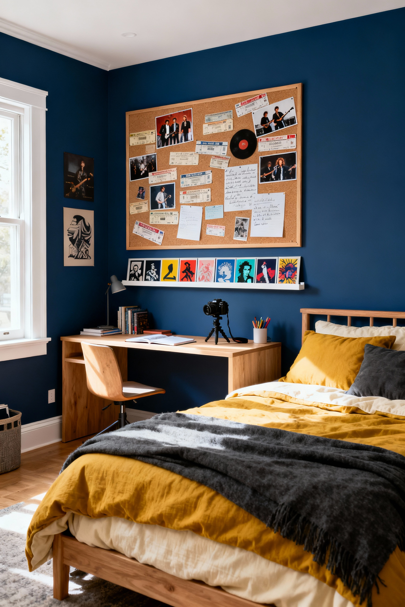 A brightly lit, sophisticated pre-teen bedroom featuring deep blue walls, flexible corkboard decor above a wooden desk, and yellow accents, illustrating child autonomy in design choices.