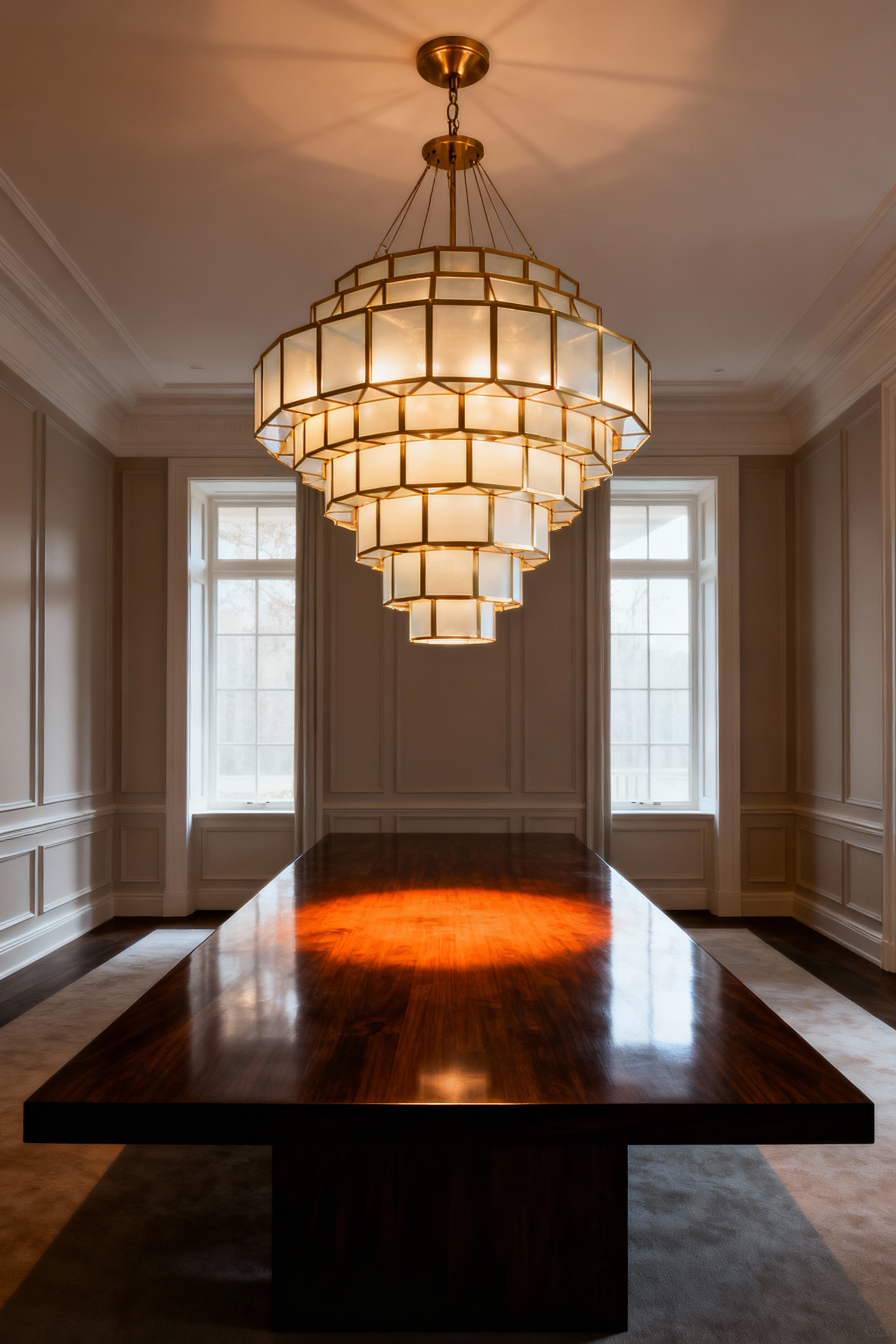 A dramatic geometric brass chandelier centered above a long walnut dining table, acting as the visual anchor of the room and defining the gathering space.