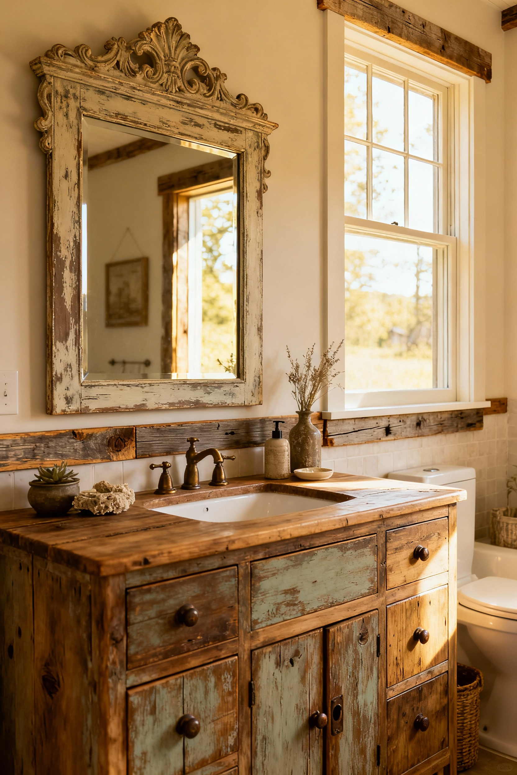 Farmhouse bathroom featuring a repurposed antique wooden dresser as a vanity, with a vintage mirror and reclaimed wood accents, showcasing narratively rich architectural salvage and historical character.