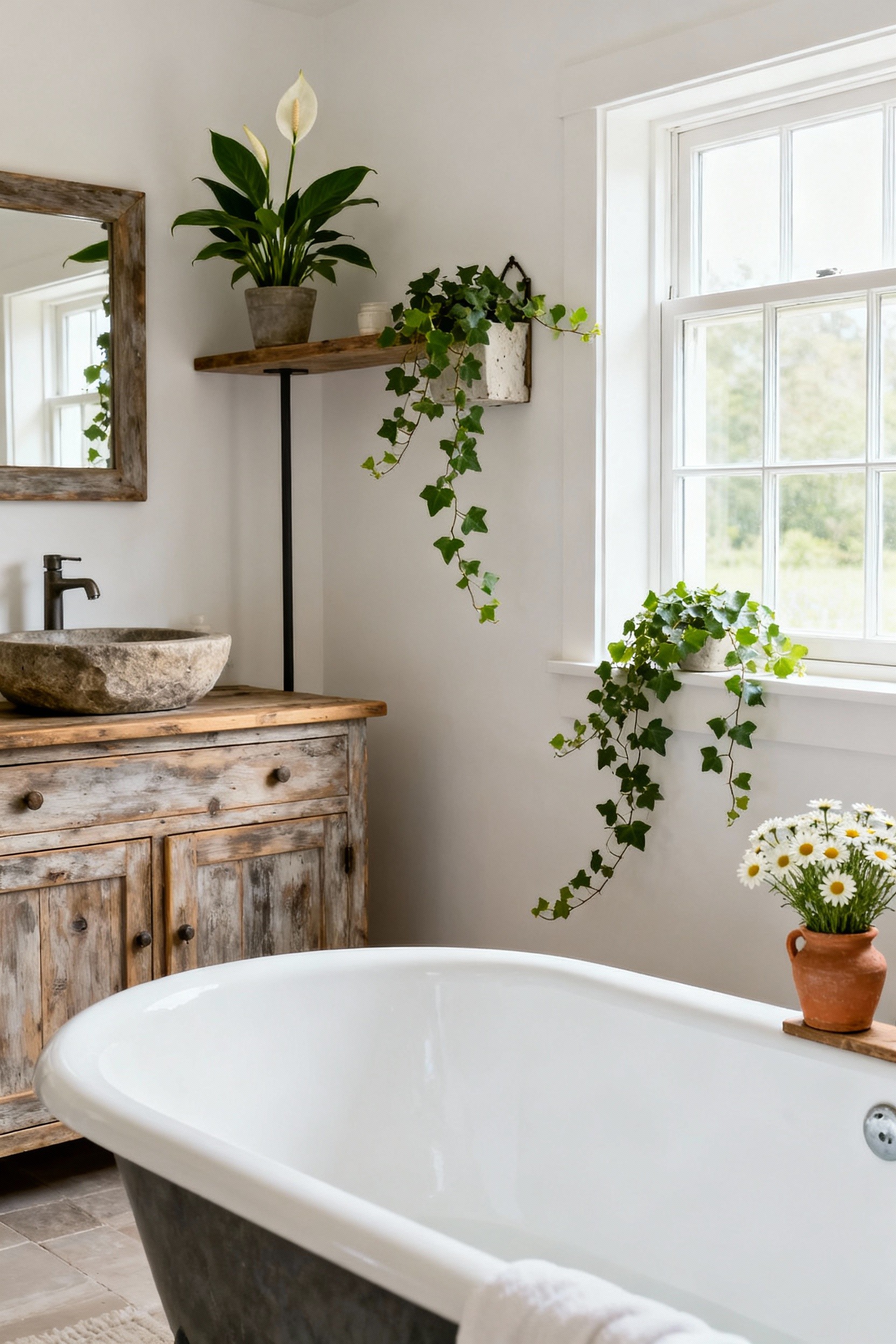 A farmhouse bathroom featuring subtle aromatic plants like a Peace Lily and English Ivy, strategically placed on shelves and in wall-mounted planters to enhance natural scents and biophilic design.
