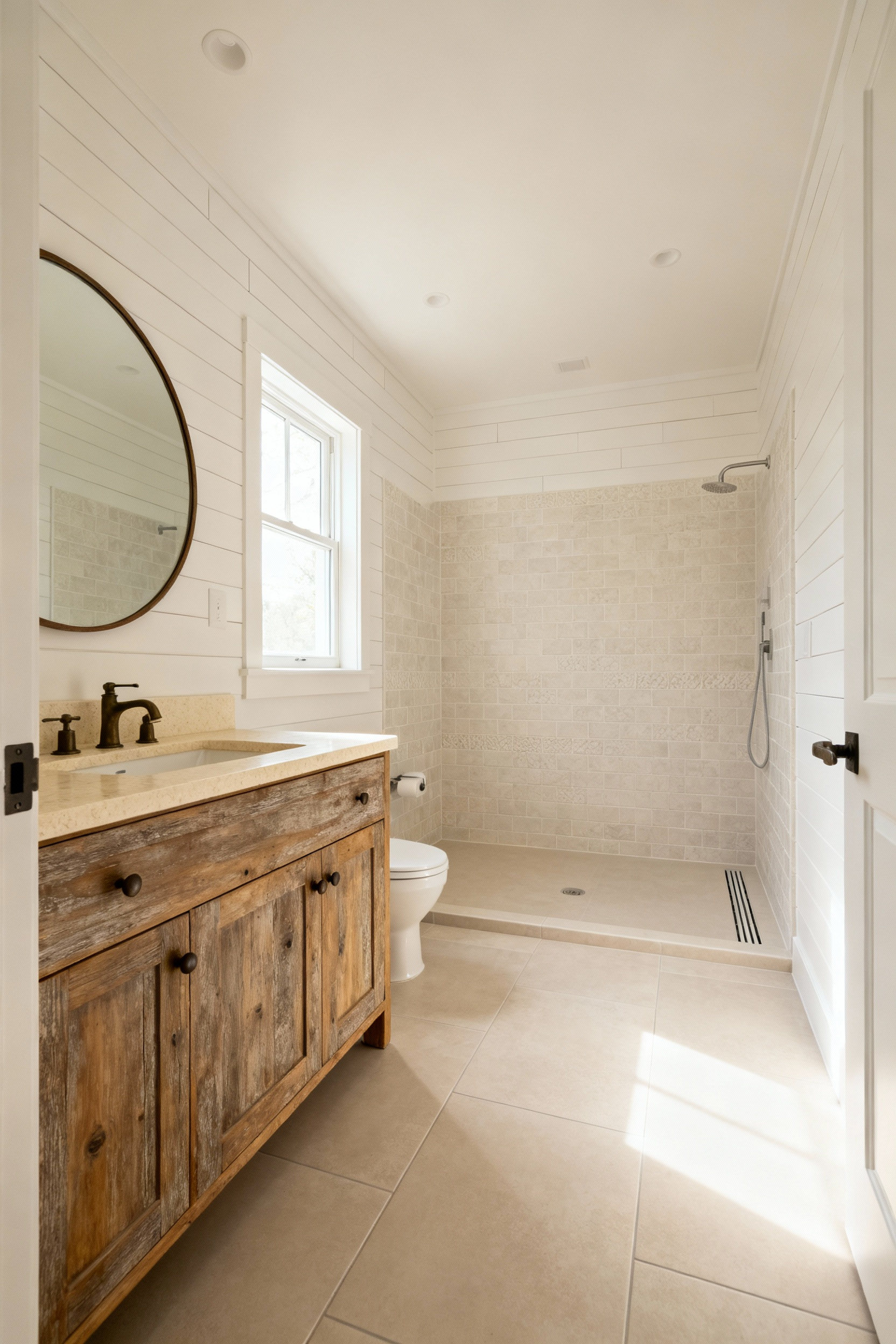 A farmhouse bathroom showcasing a barrier-free entrance with seamless, threshold-level transitions, featuring a curbless walk-in shower and continuous large-format floor tiles.