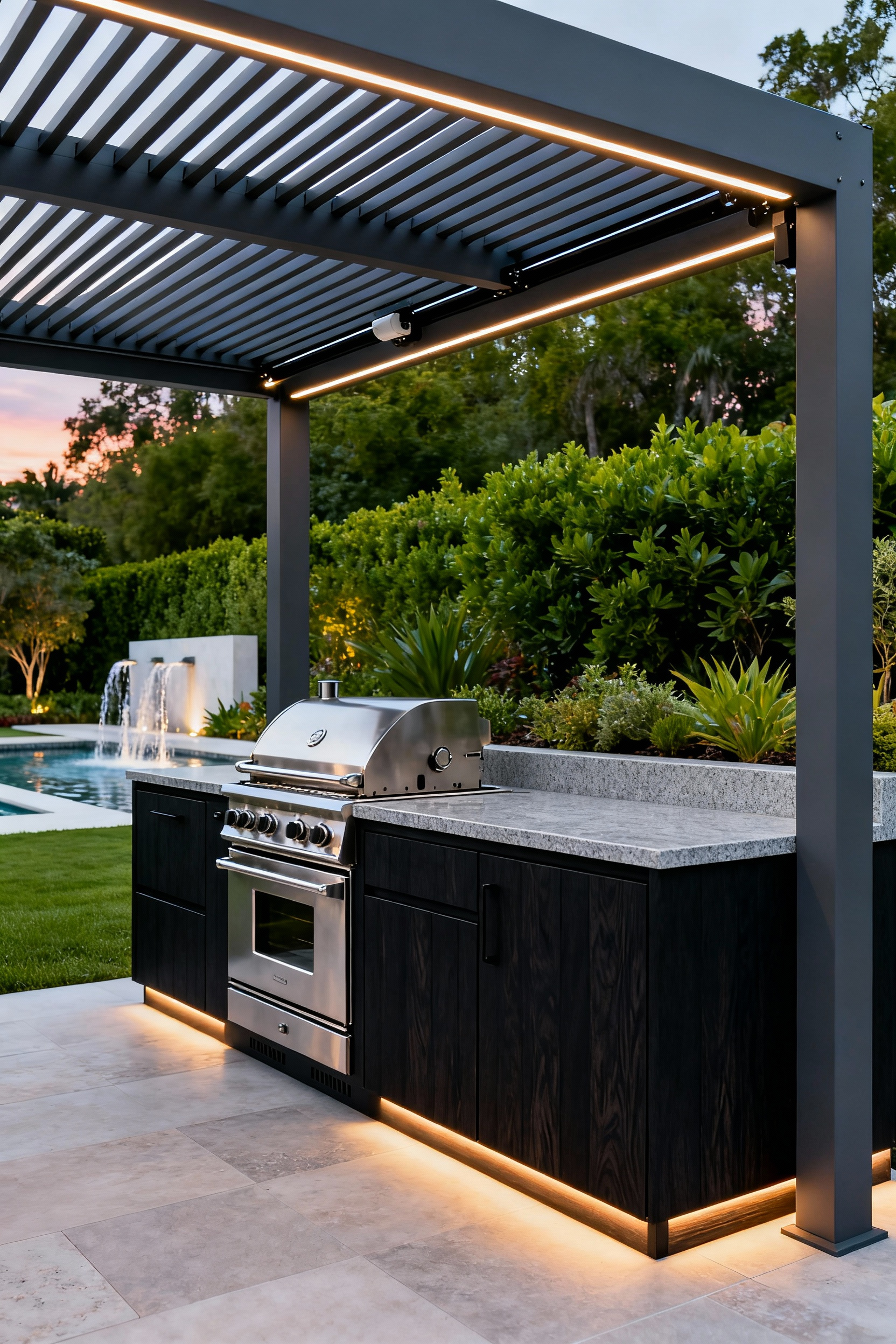 Modern outdoor kitchen built with dark cabinetry and stainless steel appliances under a sleek bioclimatic pergola featuring motorized louvered roof slats angled for ventilation.