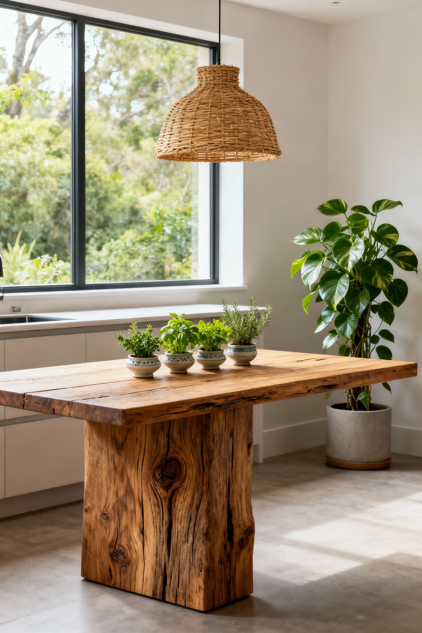 A modern kitchen interior designed with biophilic principles, featuring a solid reclaimed oak kitchen table with living culinary herbs and a large houseplant, brightly lit by natural window light and an organic rattan pendant lamp.