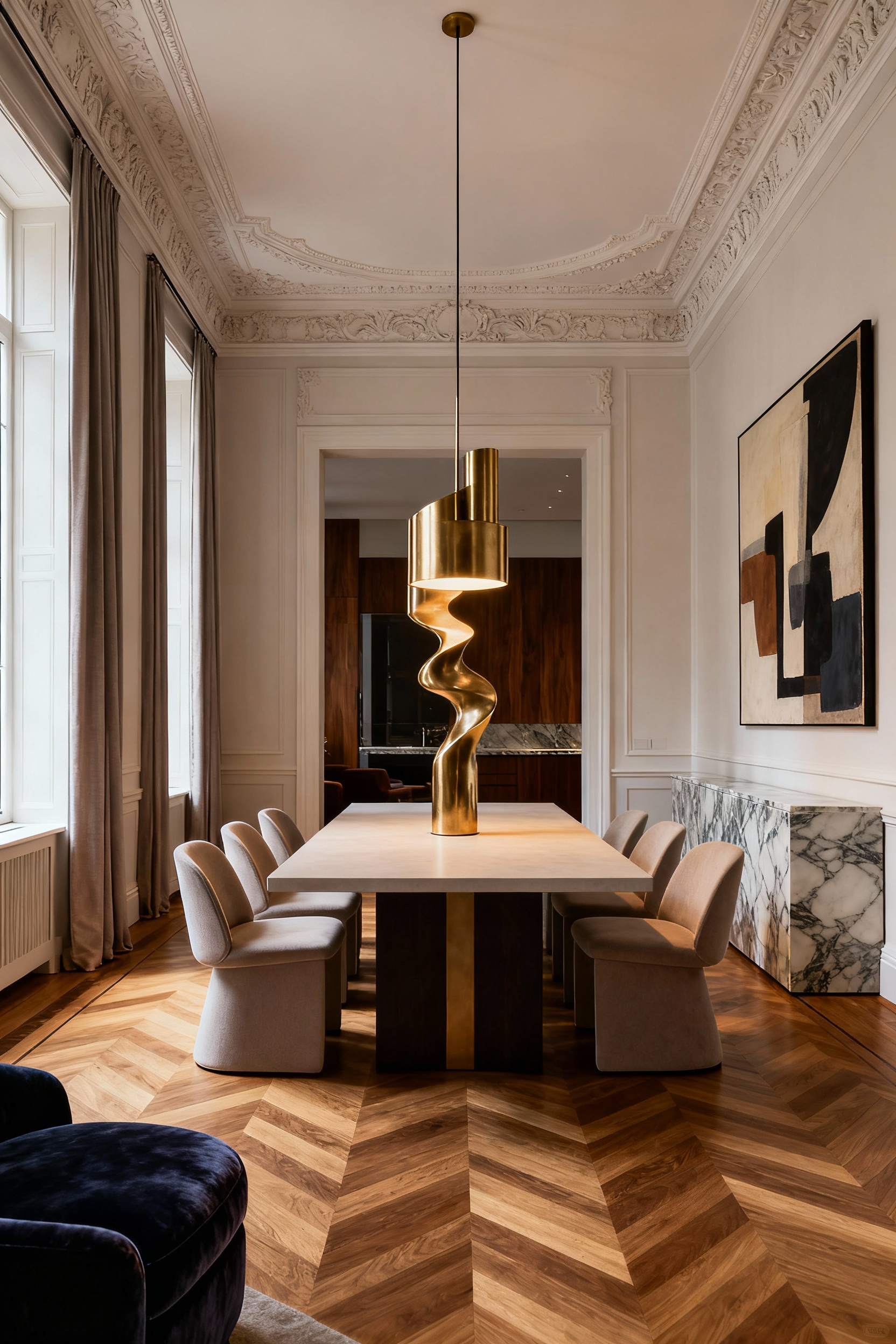 Elegant dining room showcasing a blend of classical architecture with ornate mouldings and contemporary minimalist furniture, featuring a sleek brass chandelier and abstract art, with a herringbone wood floor and ample natural light.