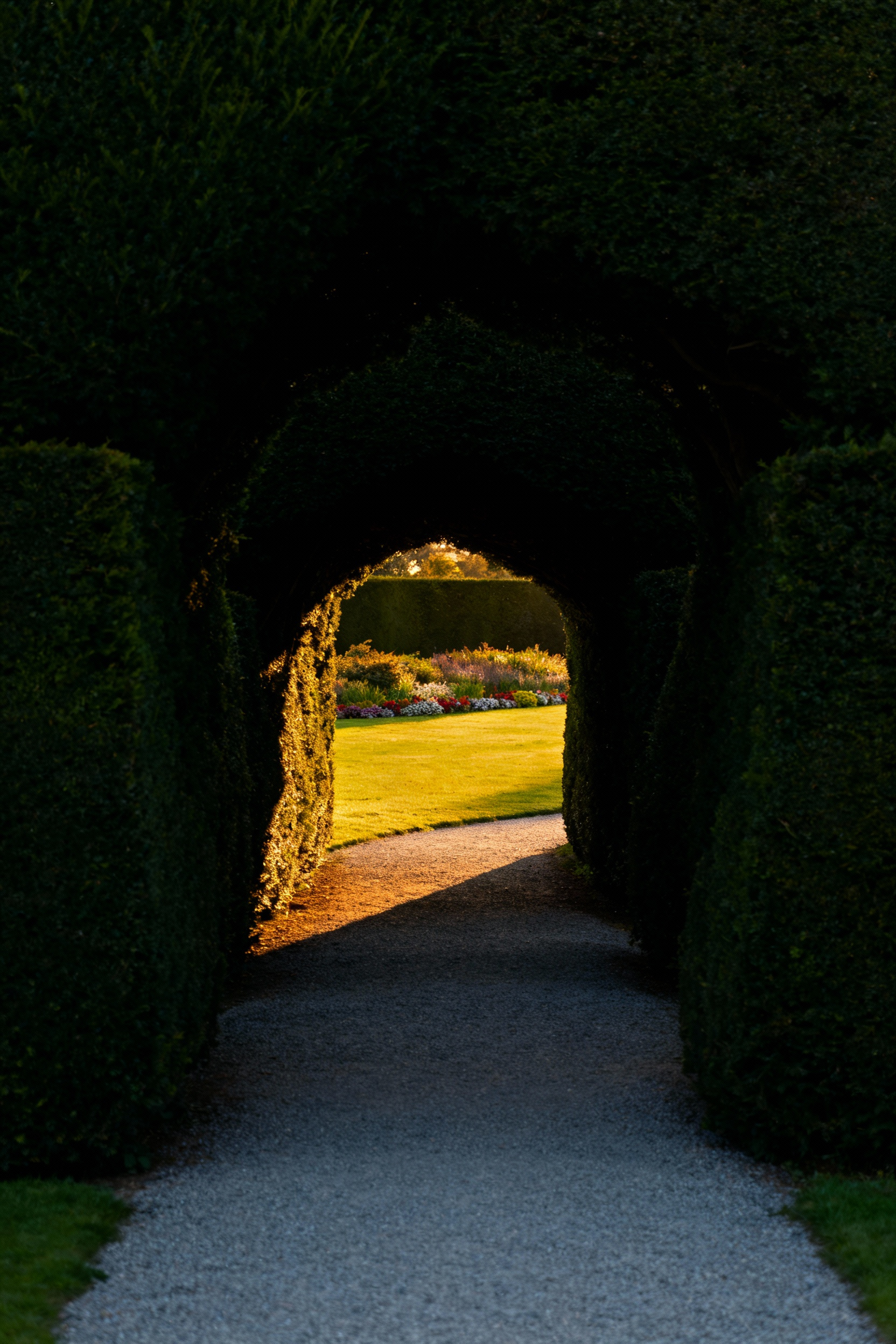 A narrow, deeply shadowed path bordered by tall, dense green hedges leads to a brightly illuminated open lawn and vibrant perennial garden, illustrating the compression-release psychological transition point.