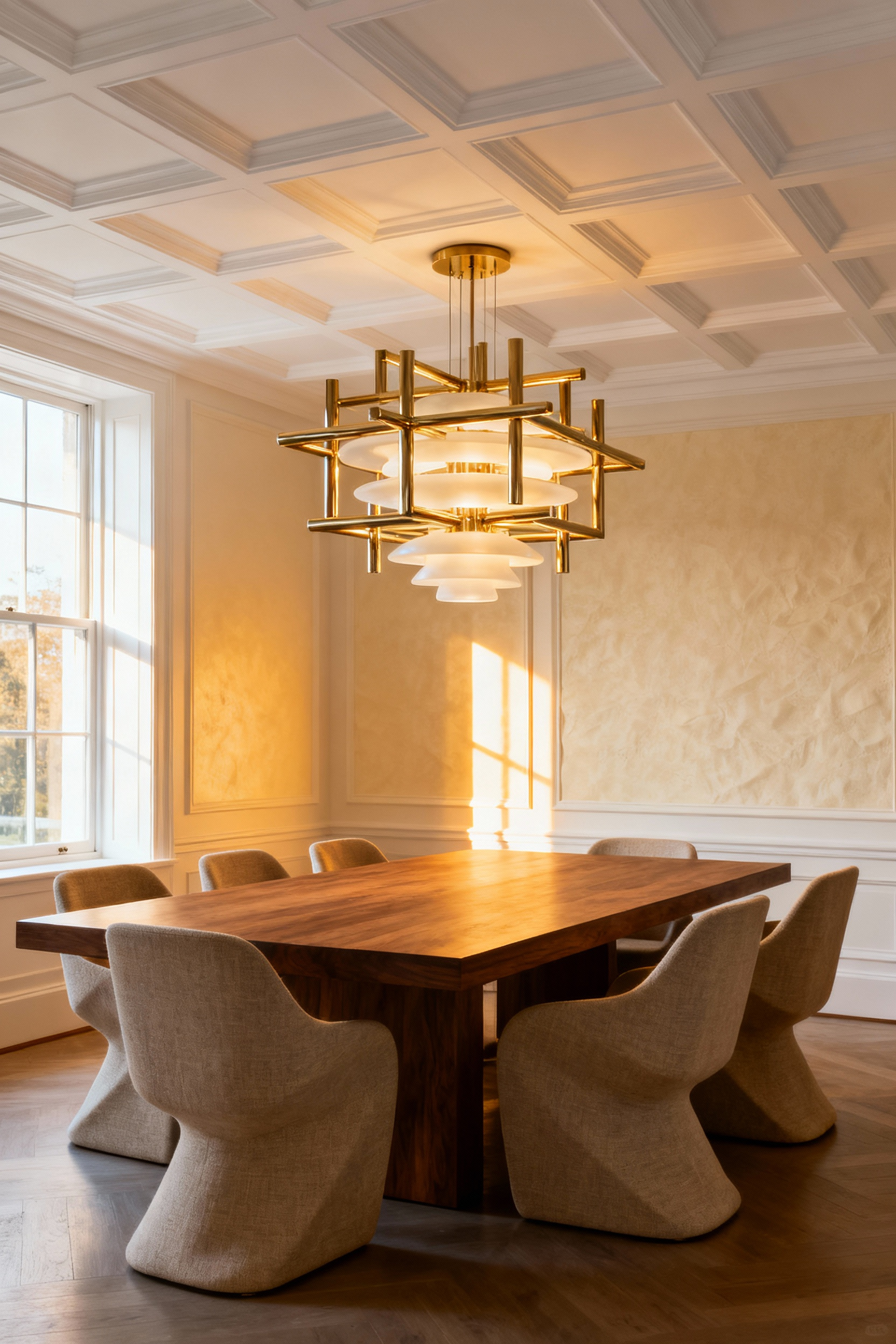 Detailed view of a low-ceiling modern dining room featuring a sculptural brass and opal glass flush mount light fixture centered above a walnut table.