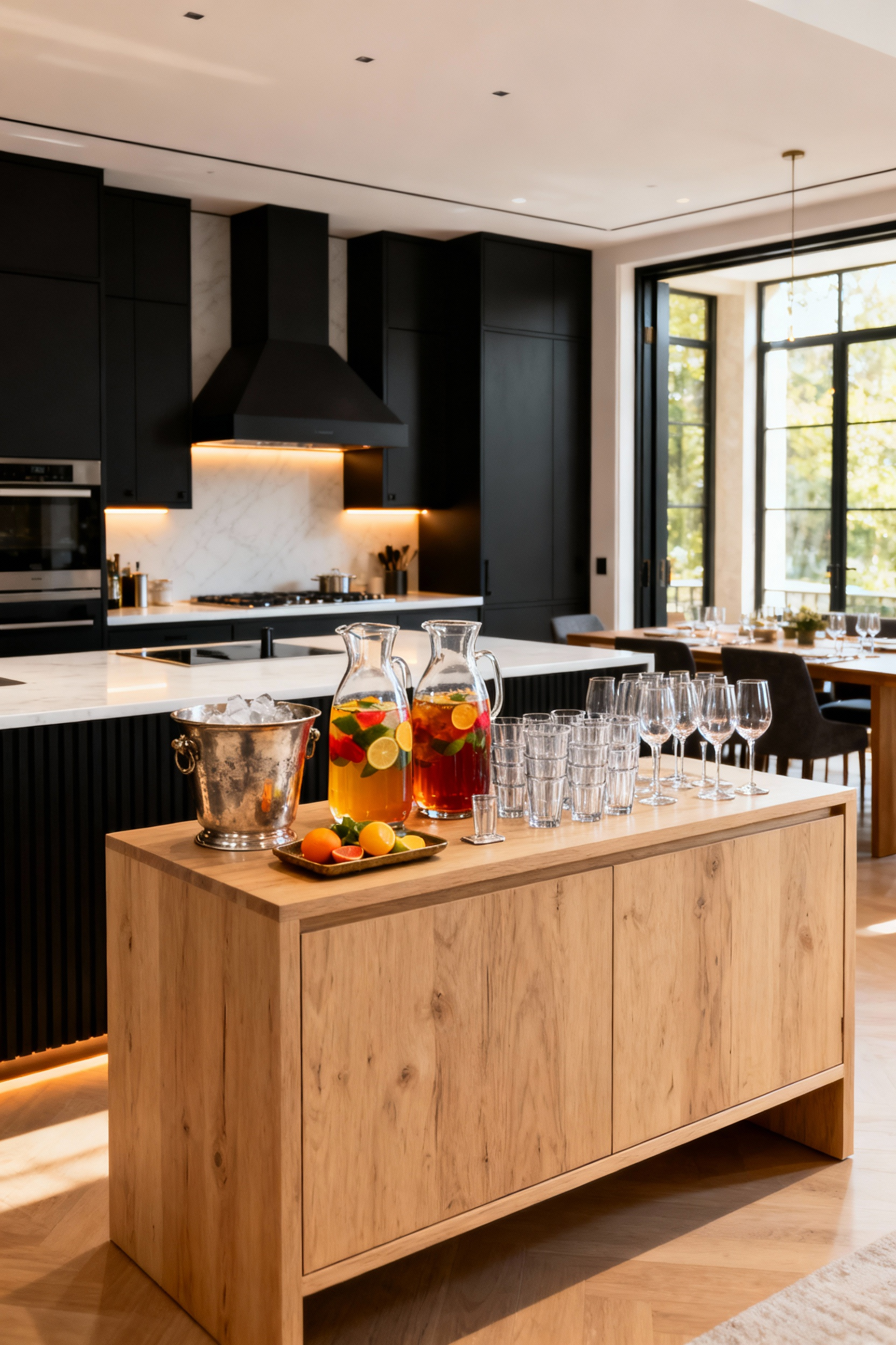 A contemporary kitchen showing a strategically placed beverage station on a light wood sideboard near the dining area, separate from the main cooking zone, featuring carafes, ice, and glassware for easy guest access.