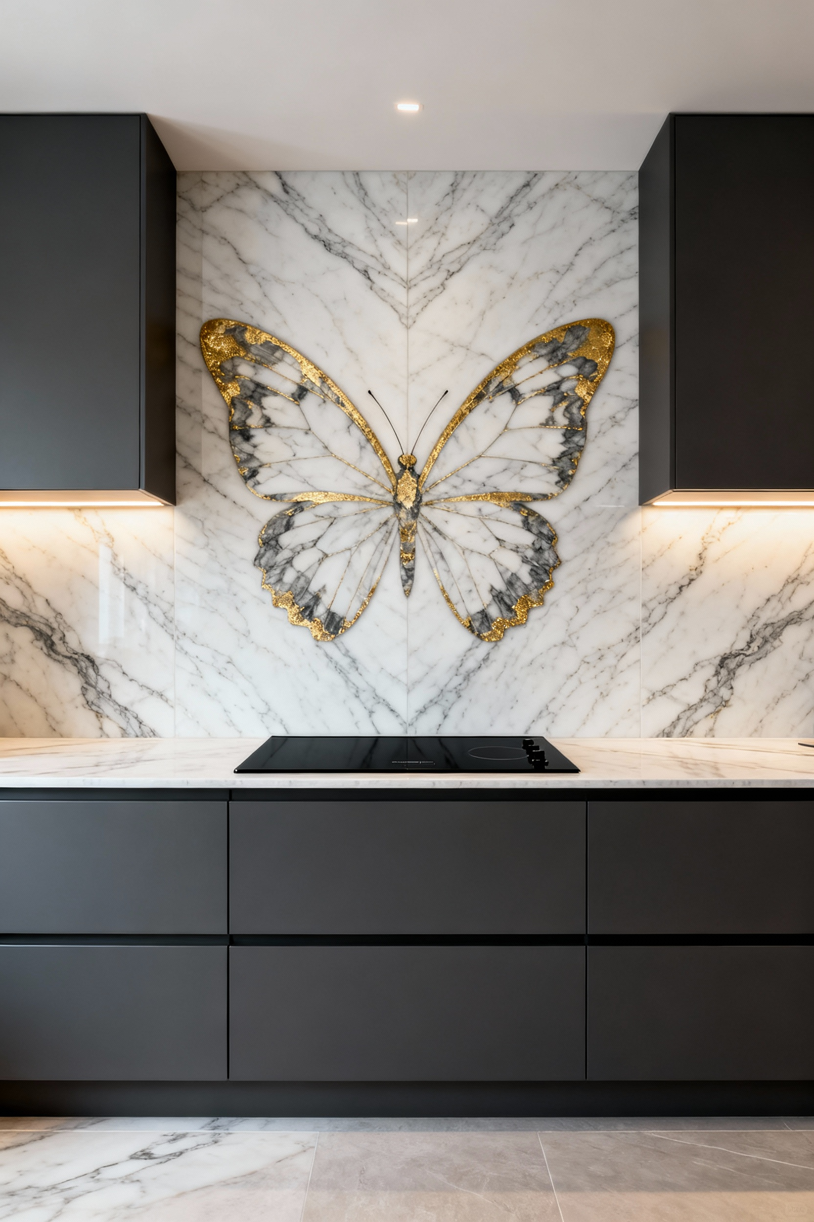 Dramatic bookmatched white marble slab backsplash creating a symmetrical feature wall behind an integrated cooktop in a contemporary flat-panel kitchen.