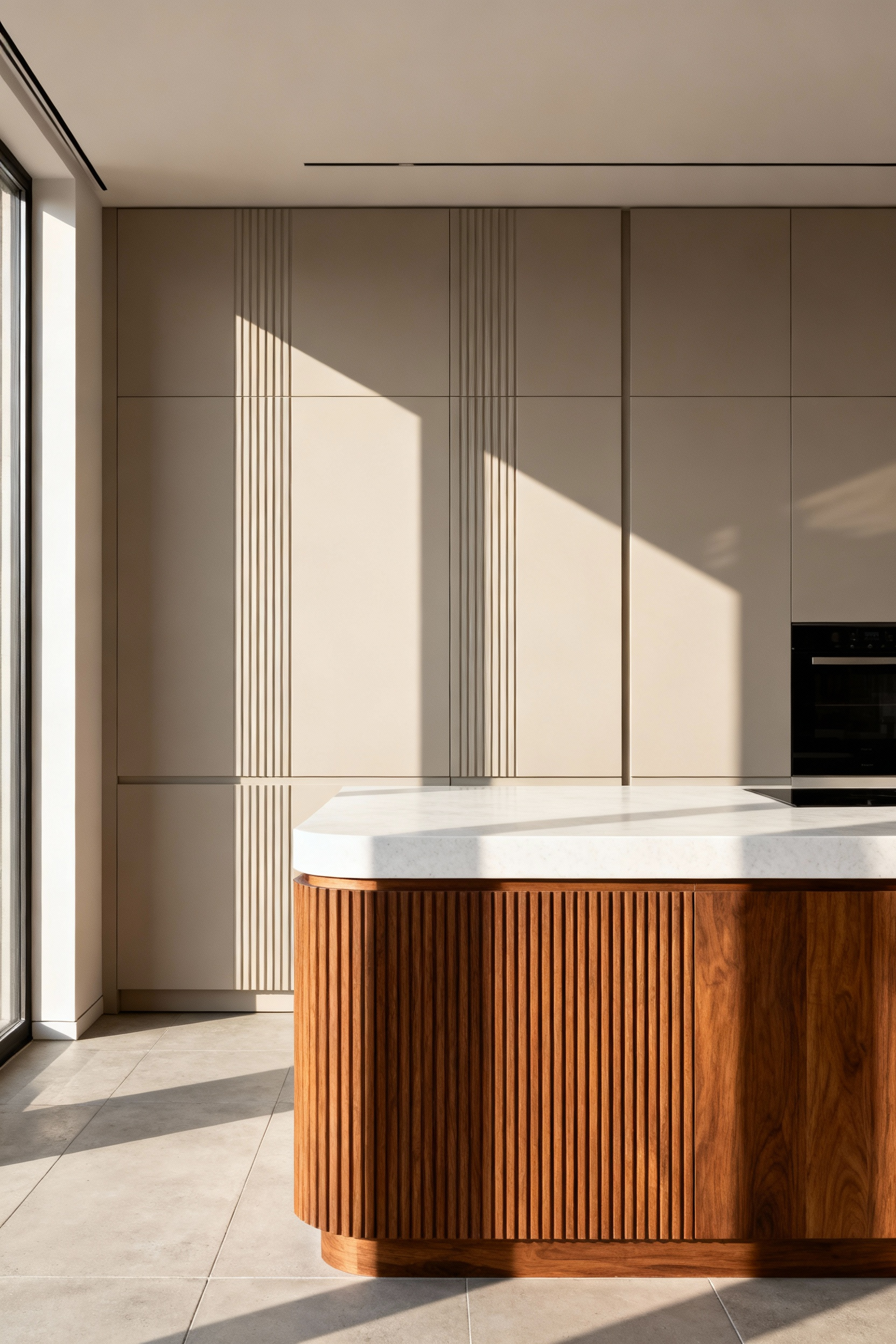 Contemporary kitchen featuring greige flat-panel cabinets and a large island with fine vertical fluted texture, dramatically highlighted by directional sunlight streaming through large windows.