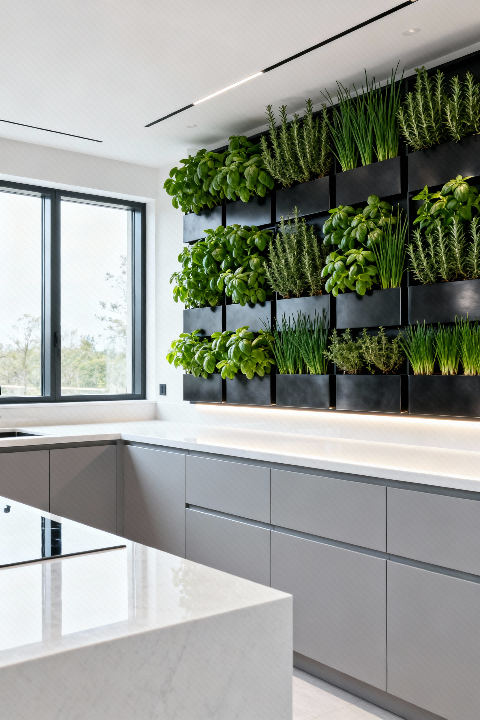 A modern contemporary kitchen featuring flat gray cabinetry and a prominent wall-mounted vertical herb garden with uniform metal planters filled with living greenery, maximizing vertical space.