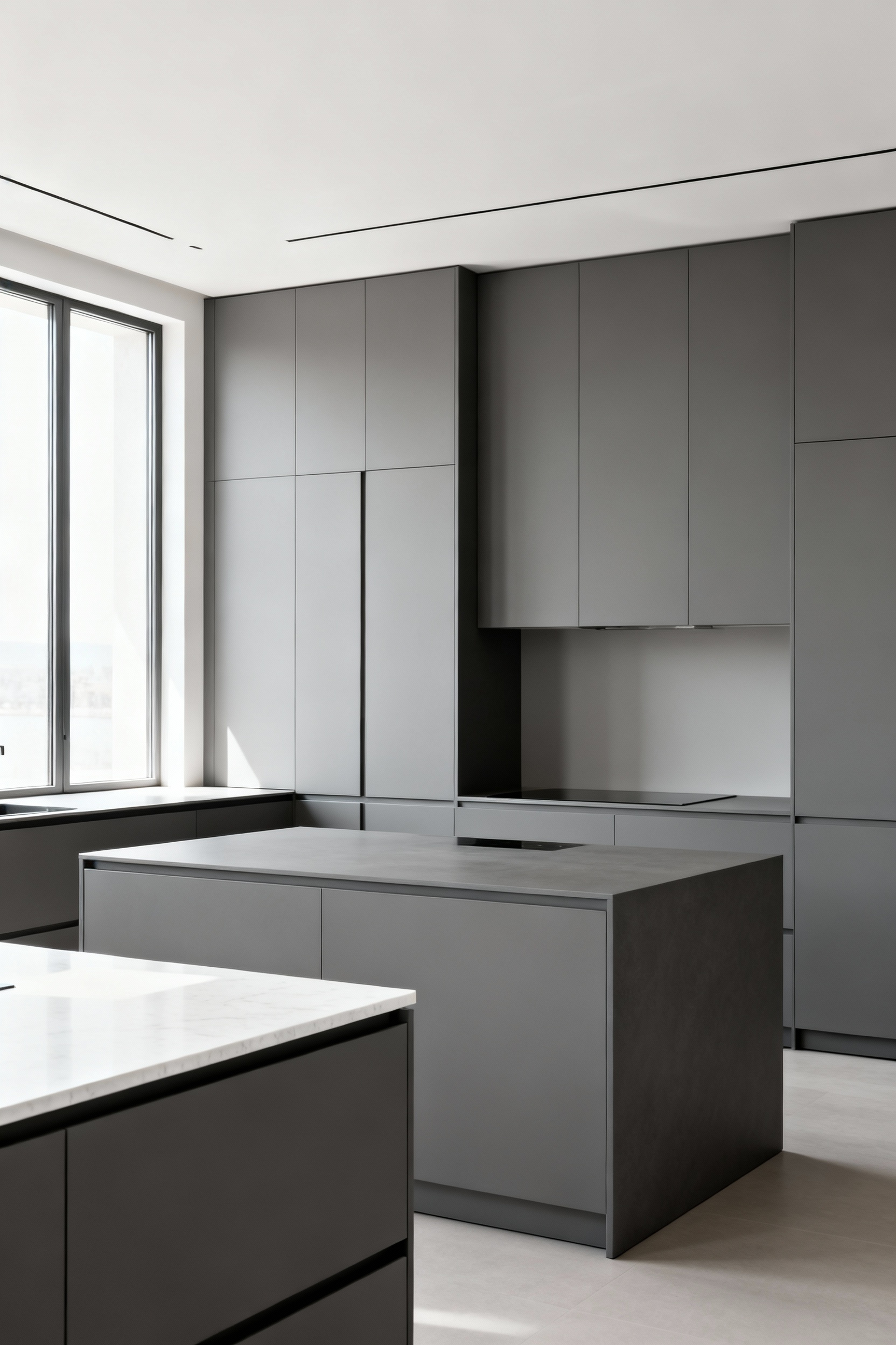 Contemporary kitchen cabinets featuring ultra-matte slate gray, soft-touch lacquer finishes that absorb light and minimize the visibility of fingerprints, demonstrating a high-functionality design.