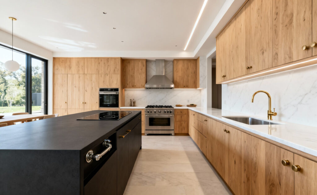Wide-angle photograph of a contemporary luxury kitchen layout featuring an oversized island, light oak cabinetry, and wide aisles designed for efficient movement in a multi-cook household.