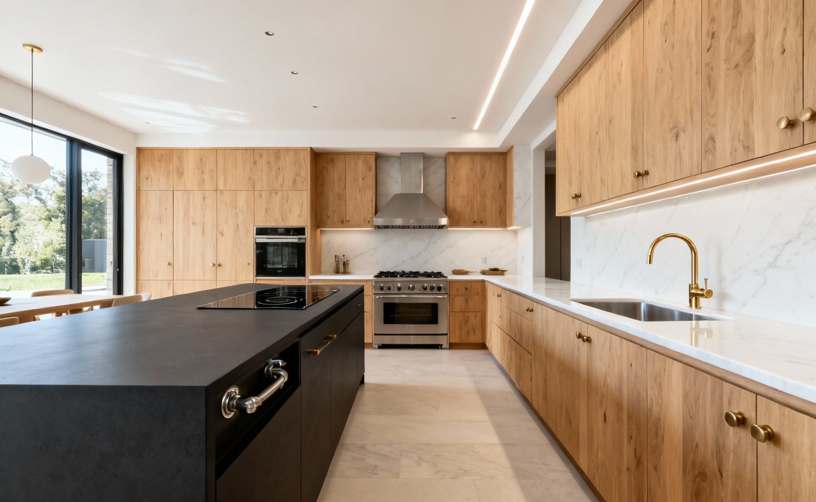 Wide-angle photograph of a contemporary luxury kitchen layout featuring an oversized island, light oak cabinetry, and wide aisles designed for efficient movement in a multi-cook household.