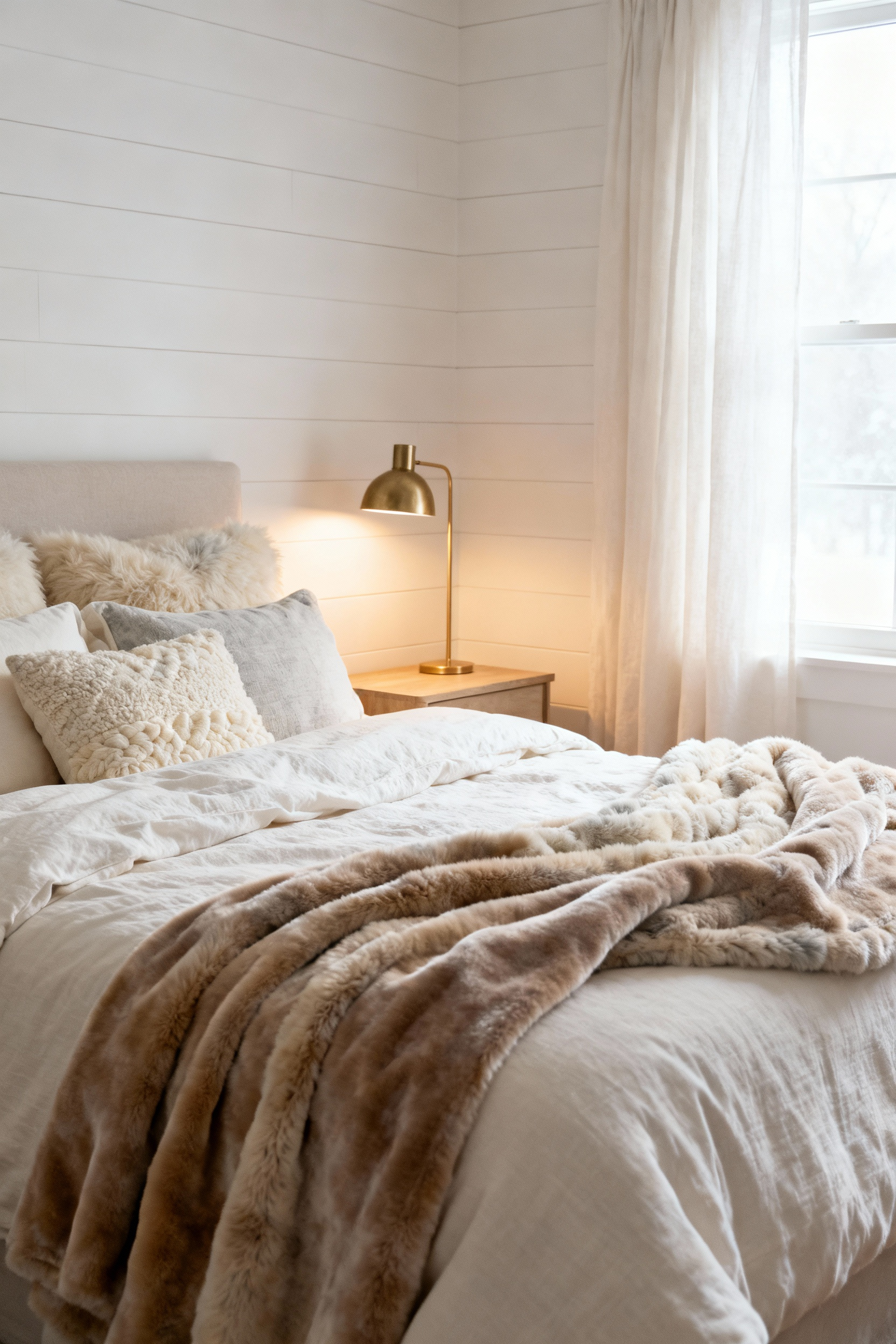 A cozy white bedroom transformed for winter featuring heavy, dense ivory and cream textiles like brushed cotton and velvet layered on the bed, against matte white walls.