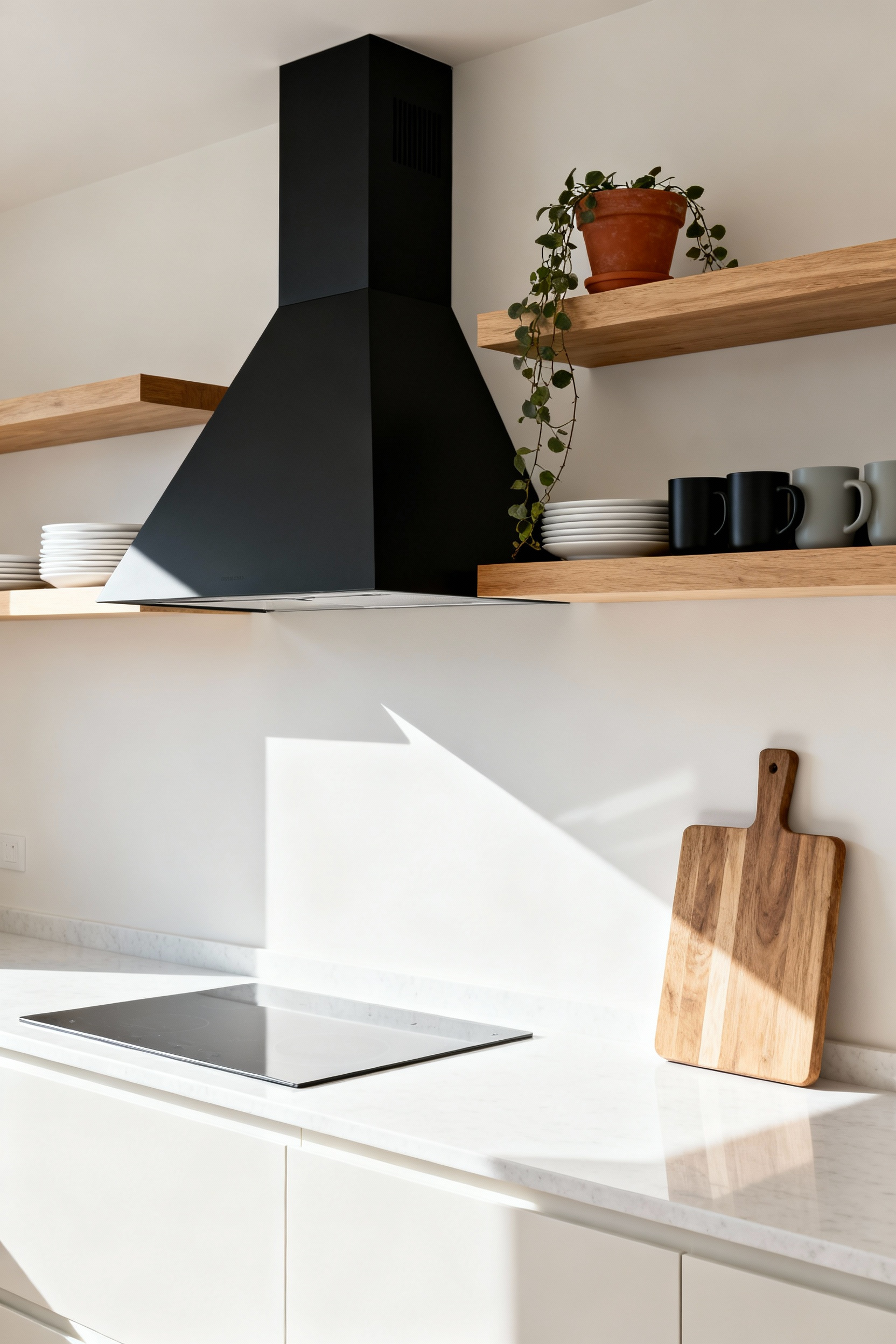 Contemporary kitchen design featuring thick, light oak open shelving flanking a matte black range hood, showcasing stacks of white ceramic plates and mugs alongside seamless white base cabinets.