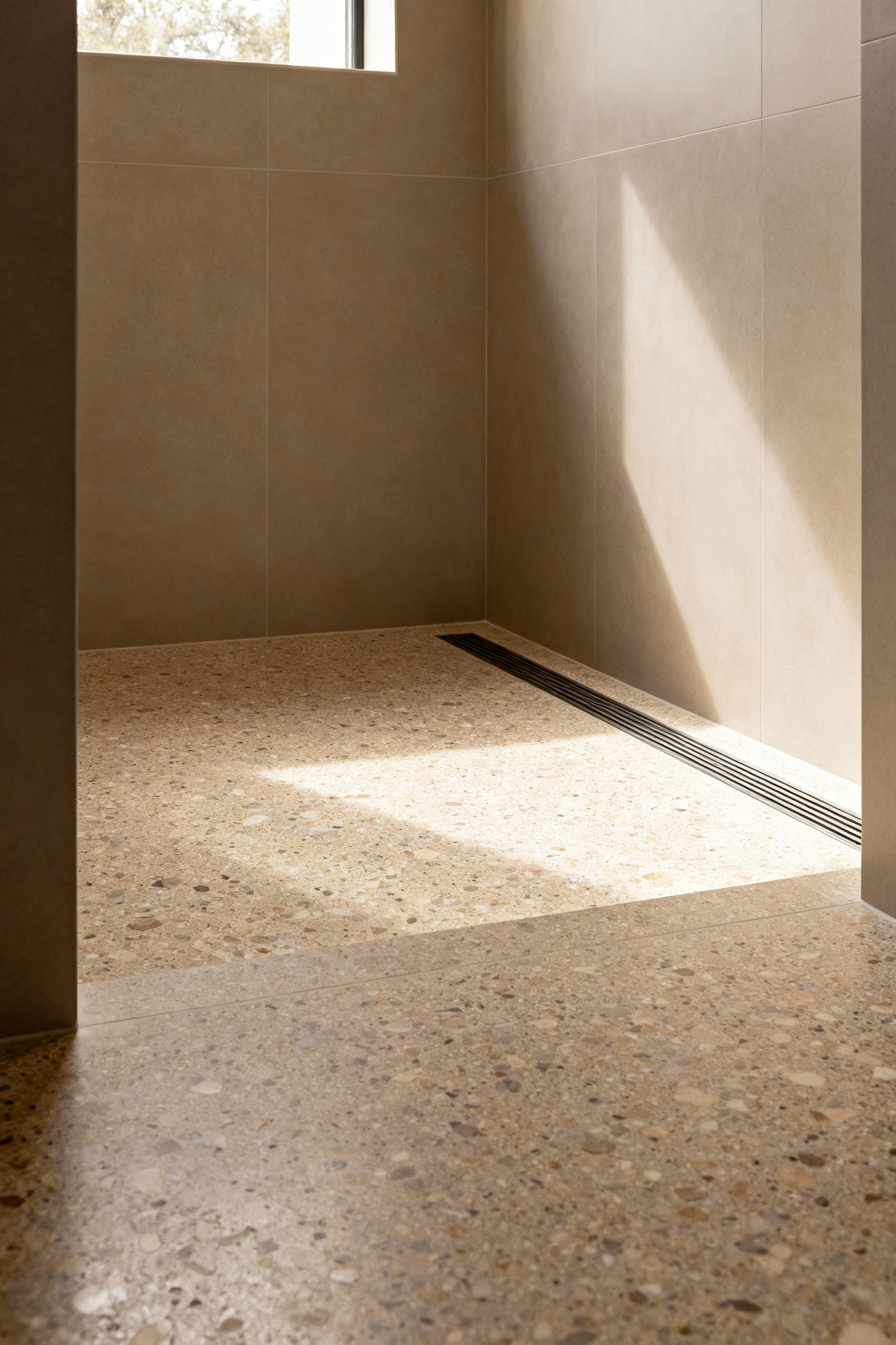 Modern farmhouse bathroom with a curbless shower, seamless natural stone floor, linear drain, and large format tiles, showcasing accessible design.