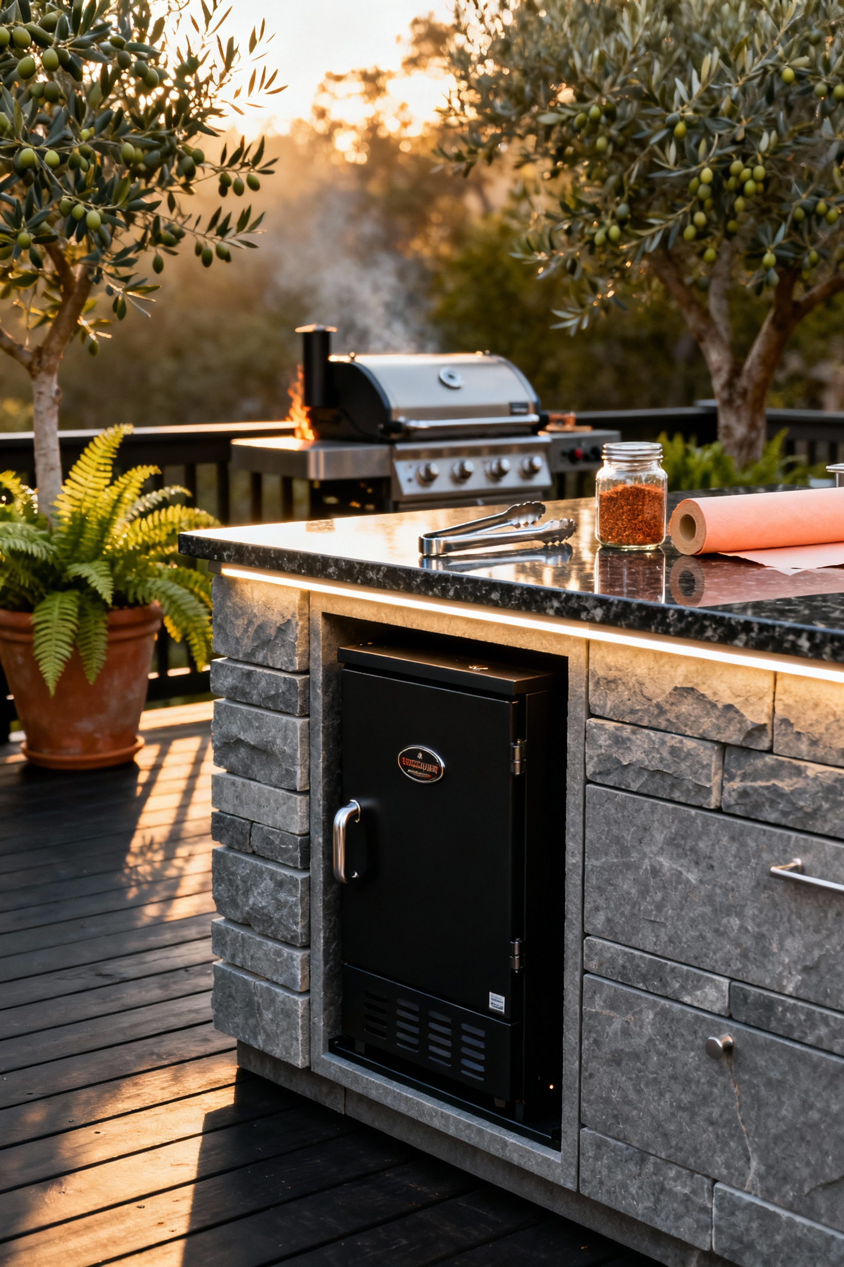 A dedicated smoker nook integrated into a luxury stone outdoor kitchen, featuring a 36-inch granite landing zone for messy preparation tasks, clearly separated from the main high-heat grilling station visible in the background.