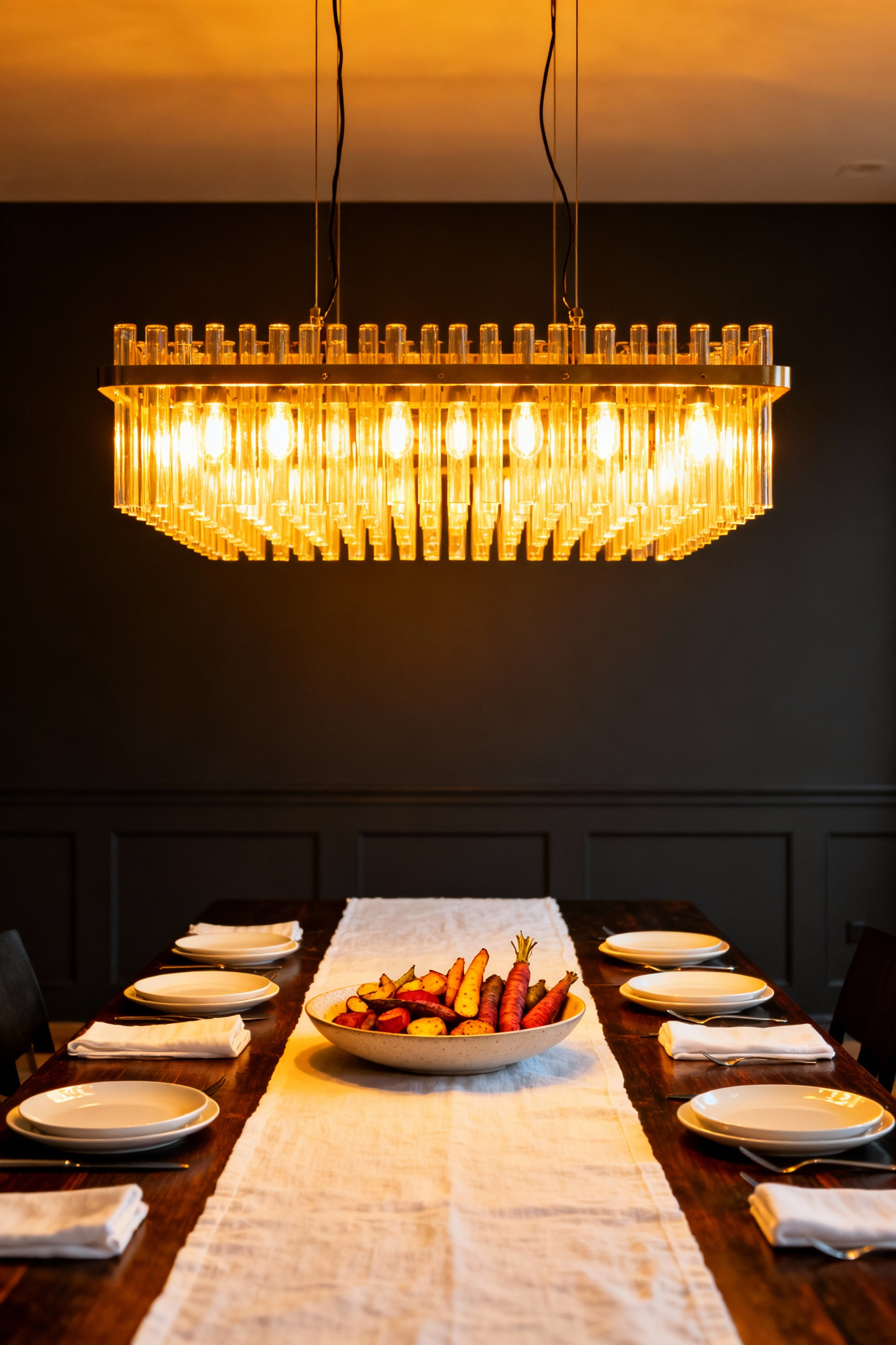 A photograph of an empty, elegantly set dining table illuminated entirely by an extra warm white 2700K pendant light fixture, emphasizing an intimate, appetizing atmosphere.