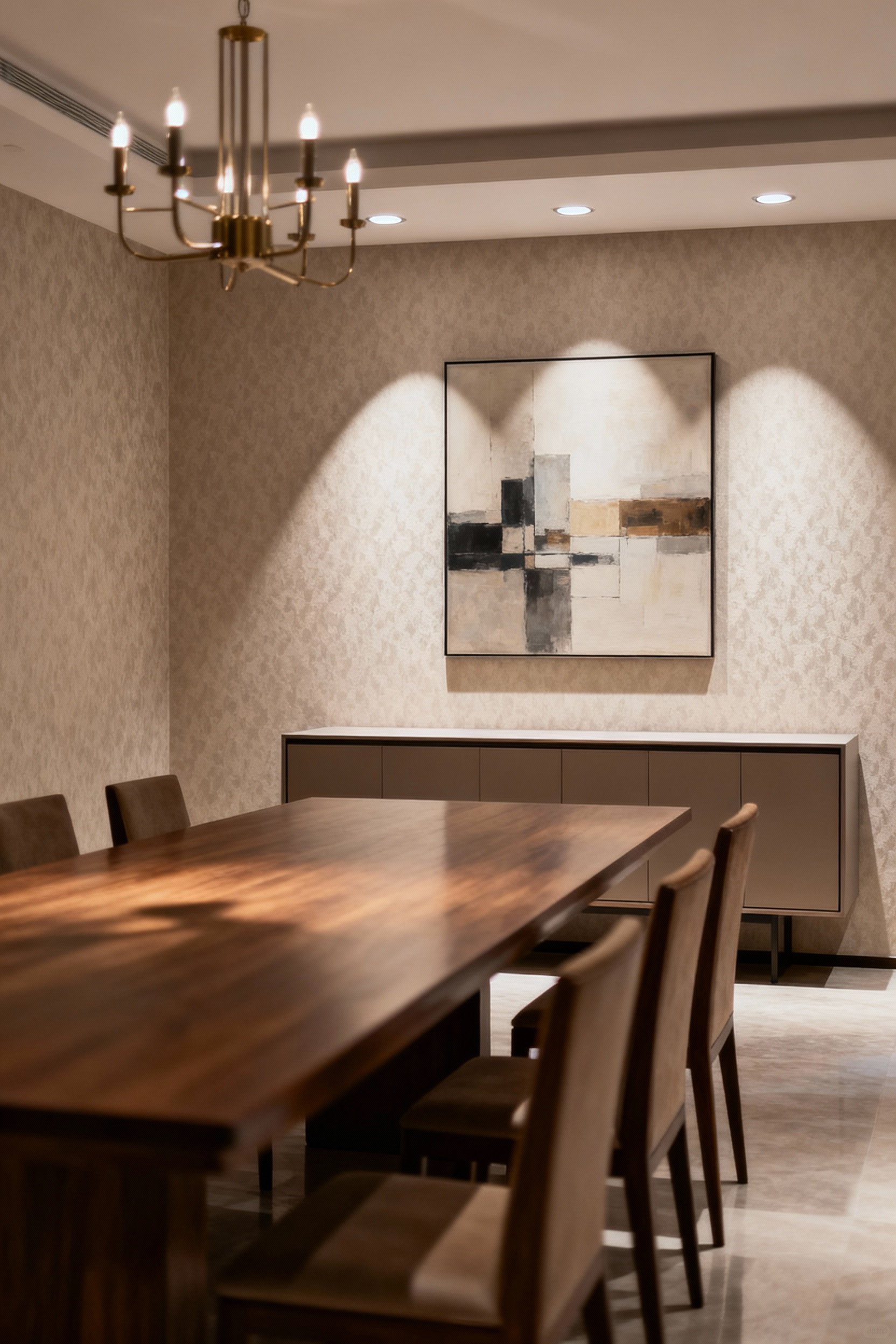 A perfectly balanced and harmonious dining room interior, featuring an elegant wooden table, matching chairs, and tasteful decor under soft ambient lighting, embodying rectified design.