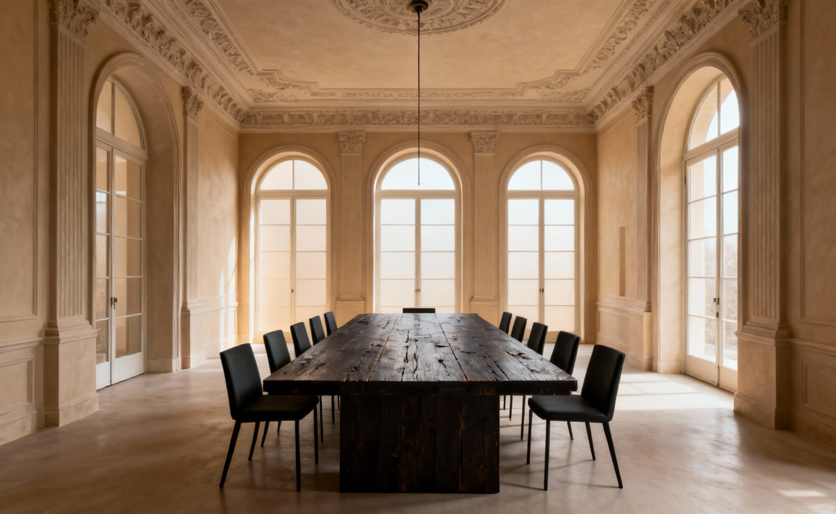 A luxurious and spacious dining room showcasing a large, solid reclaimed oak dining table perfectly proportioned to the high ceilings and architectural volume of the room, creating inherent balance and visual harmony. Soft natural light illuminates the elegant space with sleek, minimalist chairs.