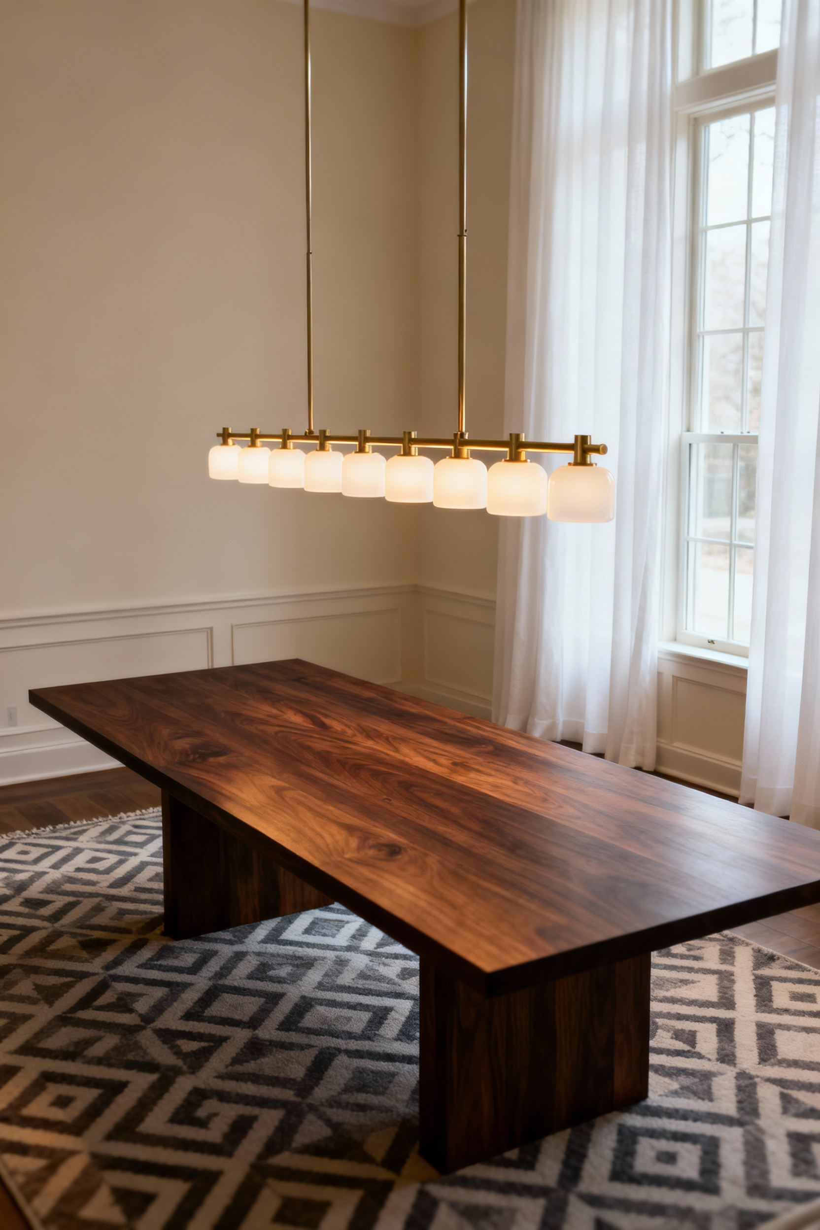 A transitional dining room featuring a large rectangular table beneath a linear brushed brass chandelier that perfectly follows the One-Half to Two-Thirds scale guideline, visually demonstrating correct proportioning of dining room lighting fixtures.