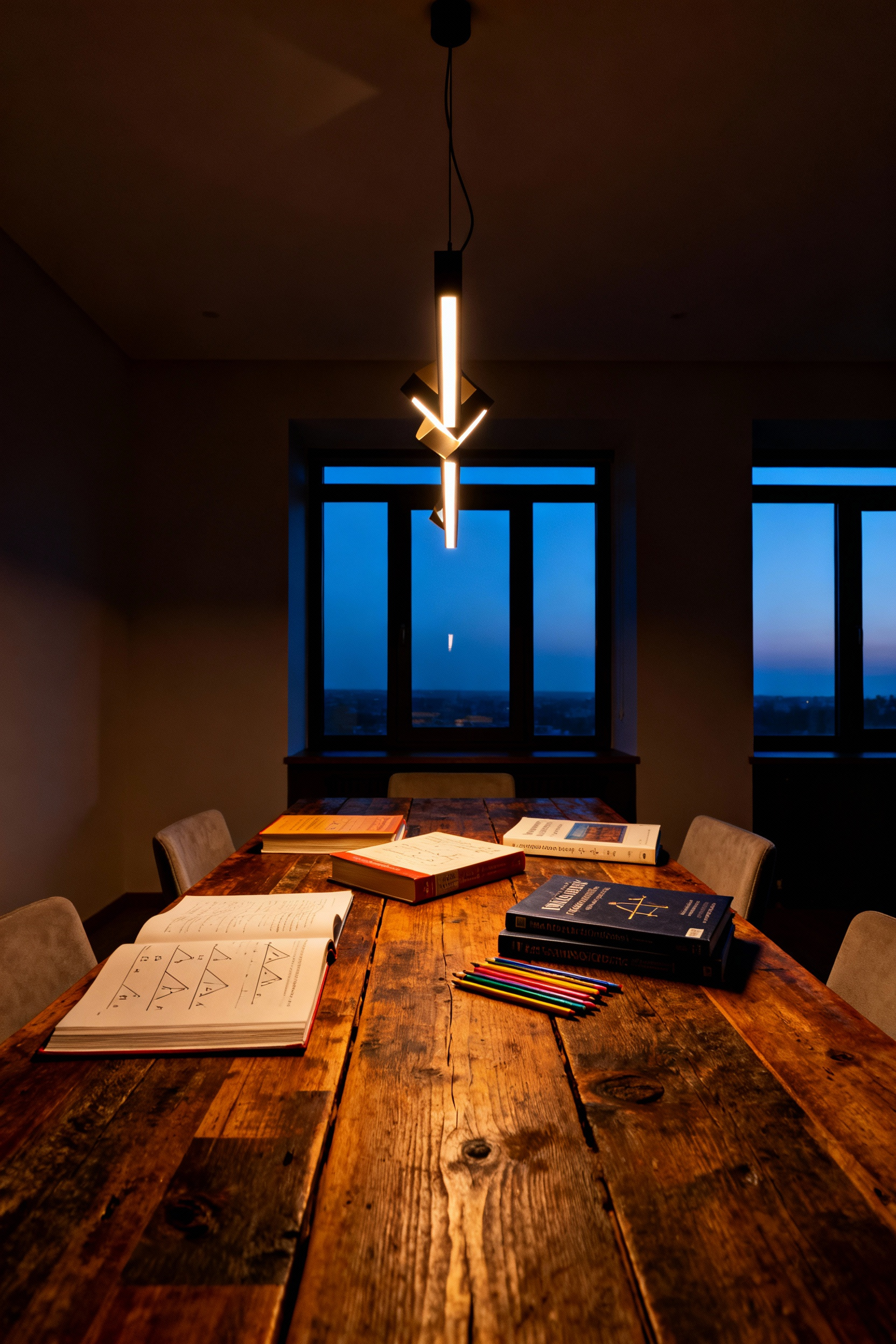 A sophisticated dining room featuring dimmed, warm-toned overhead pendant lights hanging above a wooden table scattered with homework materials, illustrating the transition from a daytime workstation to evening ambiance.