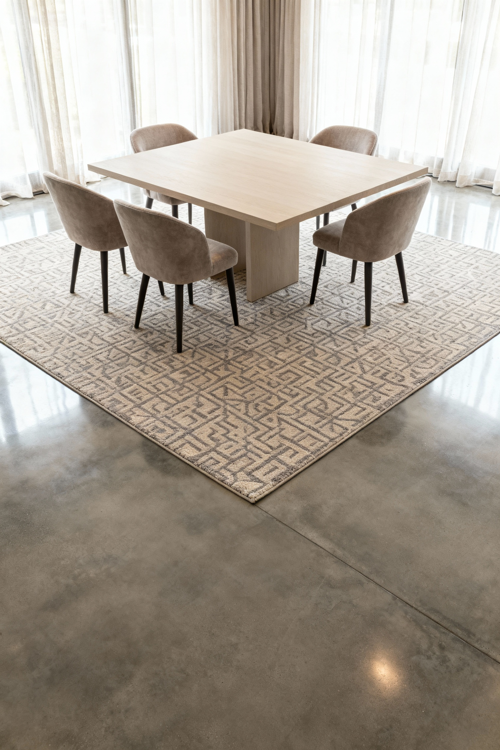A beautifully styled dining room interior showcasing a large, sophisticated area rug under a modern dining table and chairs, clearly defining the space. The floor extends with polished concrete, complemented by soft natural light. No people, no text, no objects suggesting measurement.