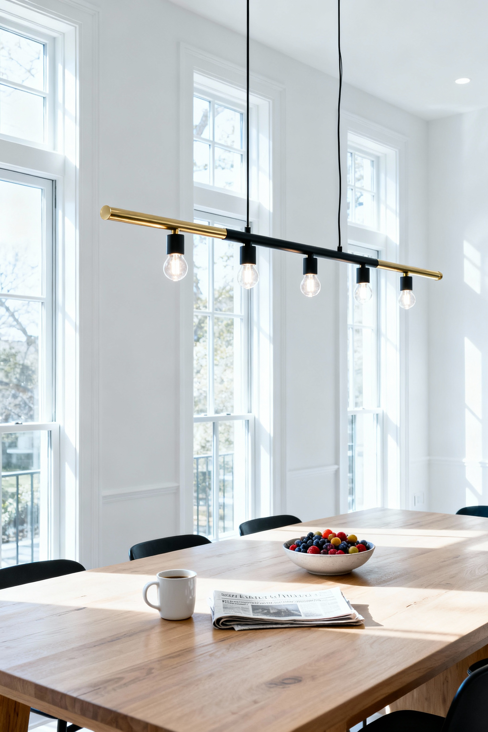 Modern dining room lit by a sleek pendant light fixture emitting cool 4500K daylight-mimicking light for morning task activities.