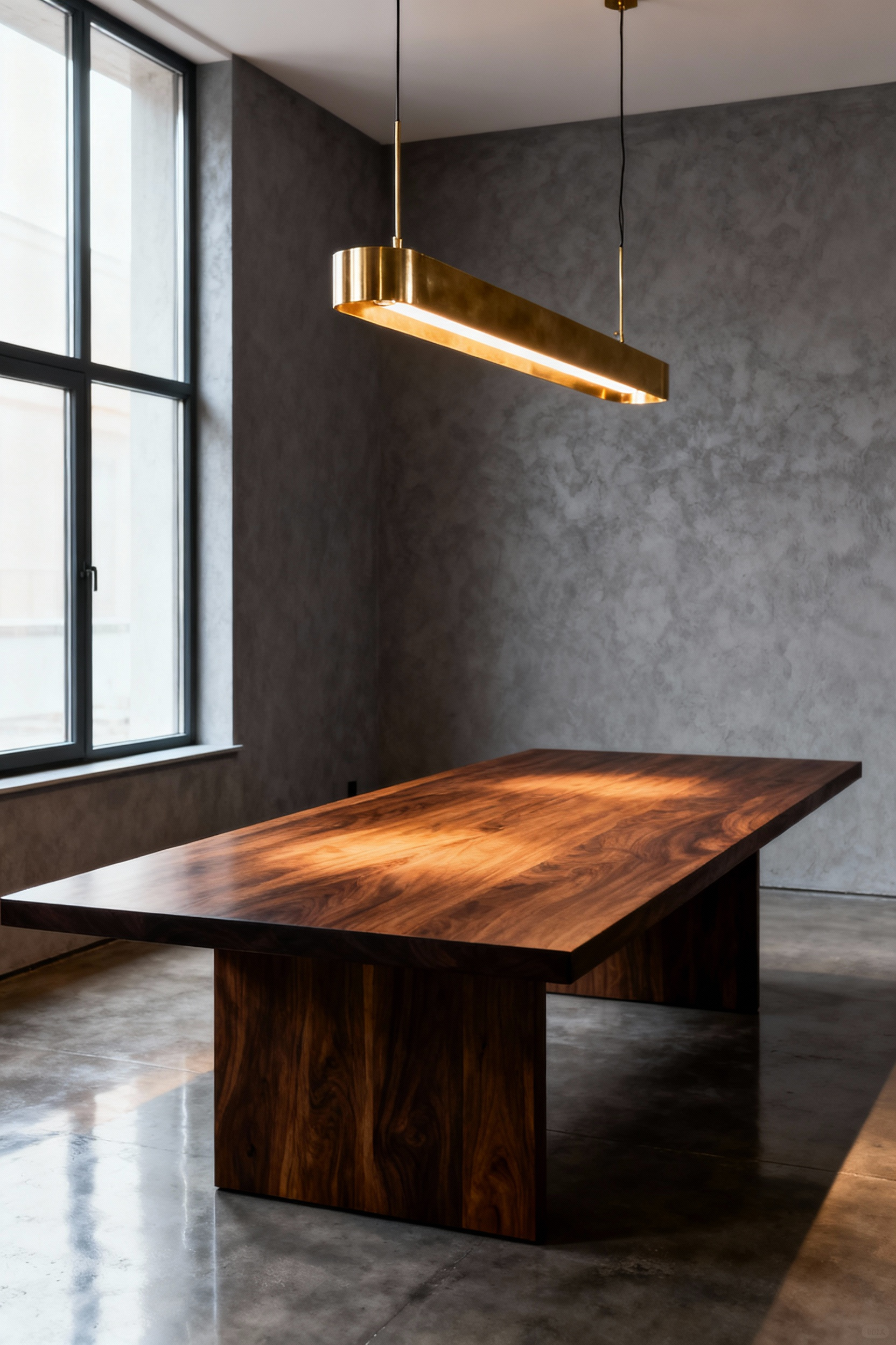 A linear brass chandelier suspended exactly 32 inches above a dark walnut dining table, illustrating the standard height necessary for unobstructed sightlines in professional dining room design.