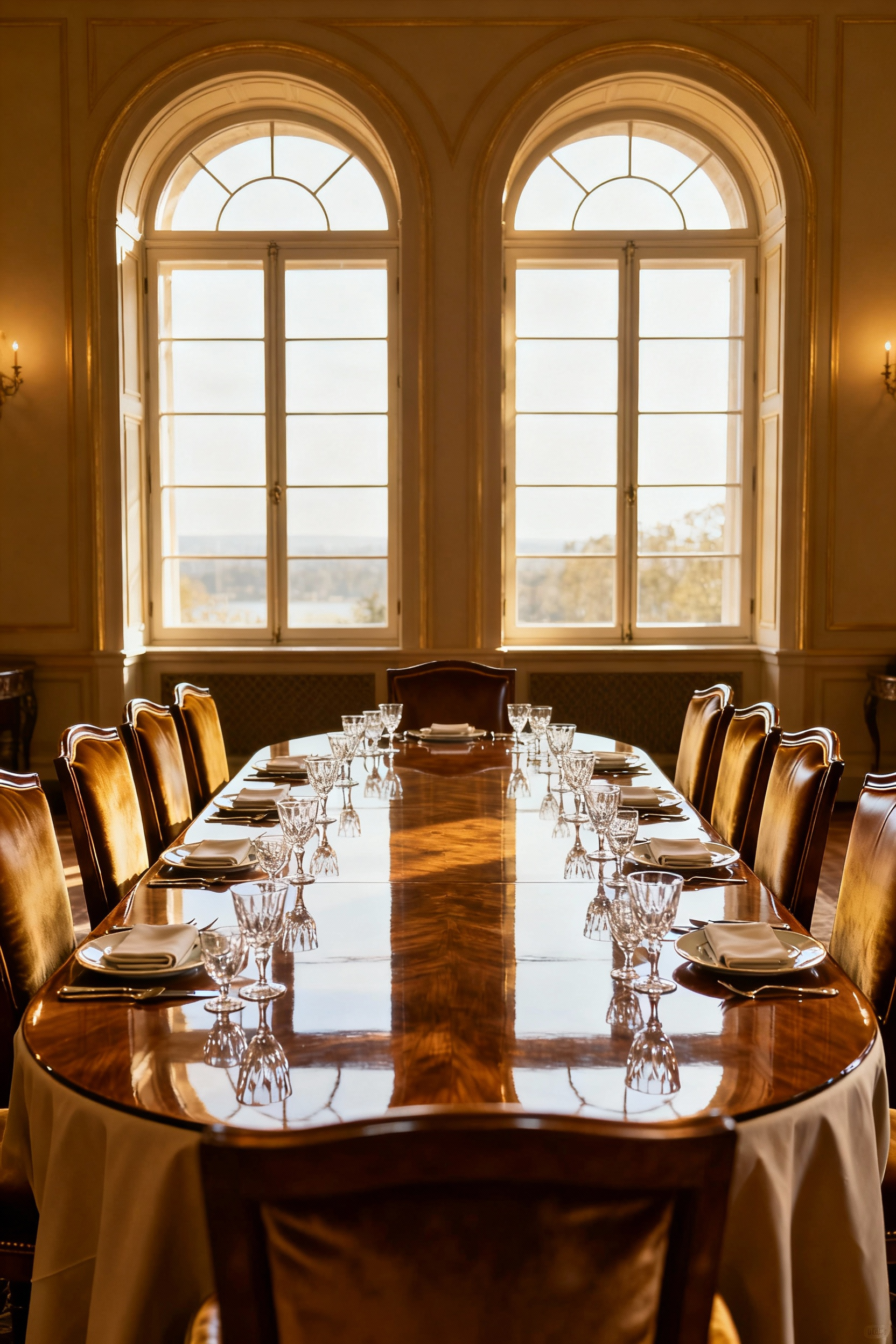 An impeccably maintained, luxurious dining room featuring a gleaming polished wooden table, crystal stemware, fine china, and pristine upholstered chairs, reflecting meticulous care and enduring beauty through effective maintenance protocols.