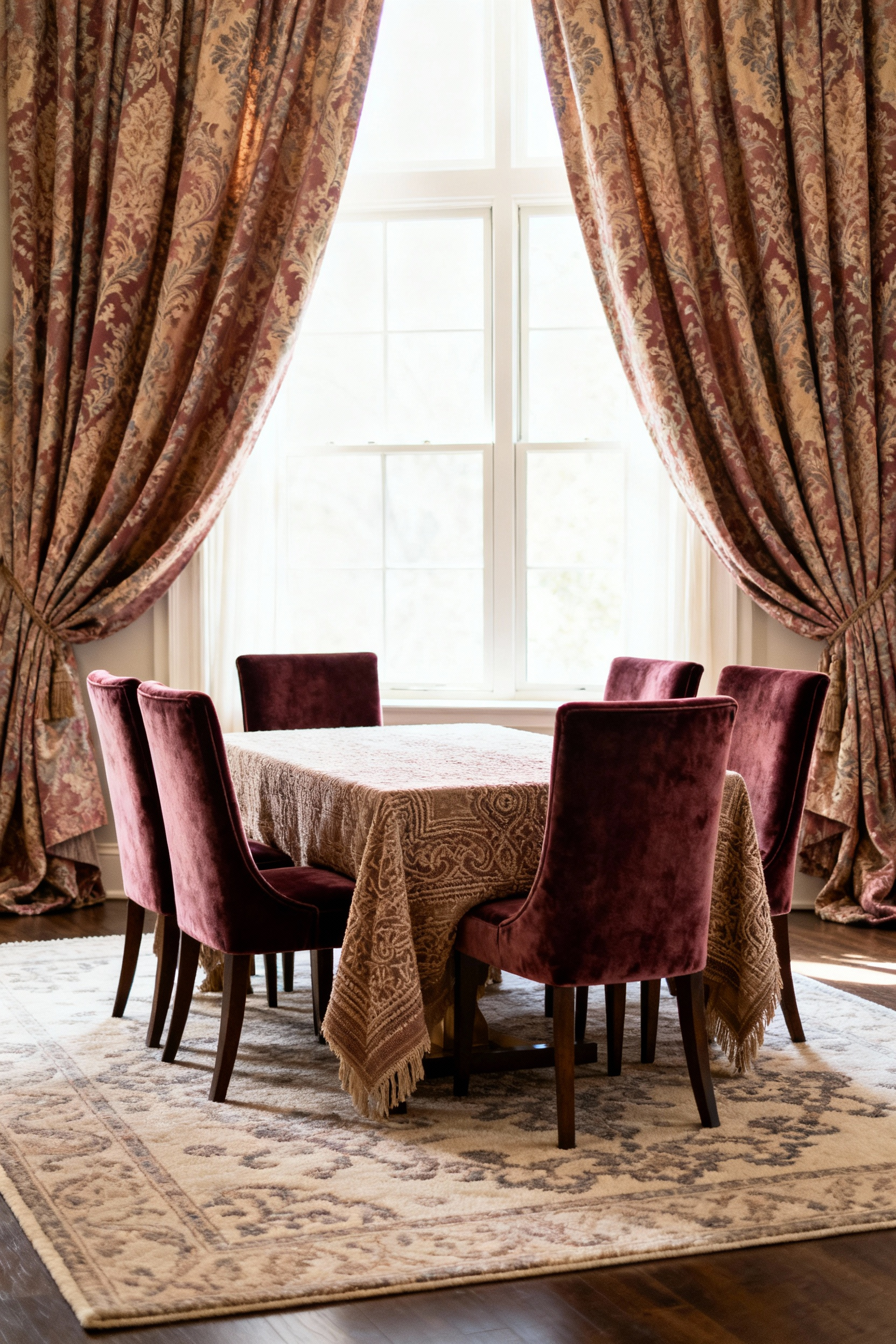 Elegant dining room interior featuring velvet upholstered chairs, a fine linen tablecloth, and luxurious brocade drapery, showcasing a refined tactile palette of dining room textiles for comfort and style.