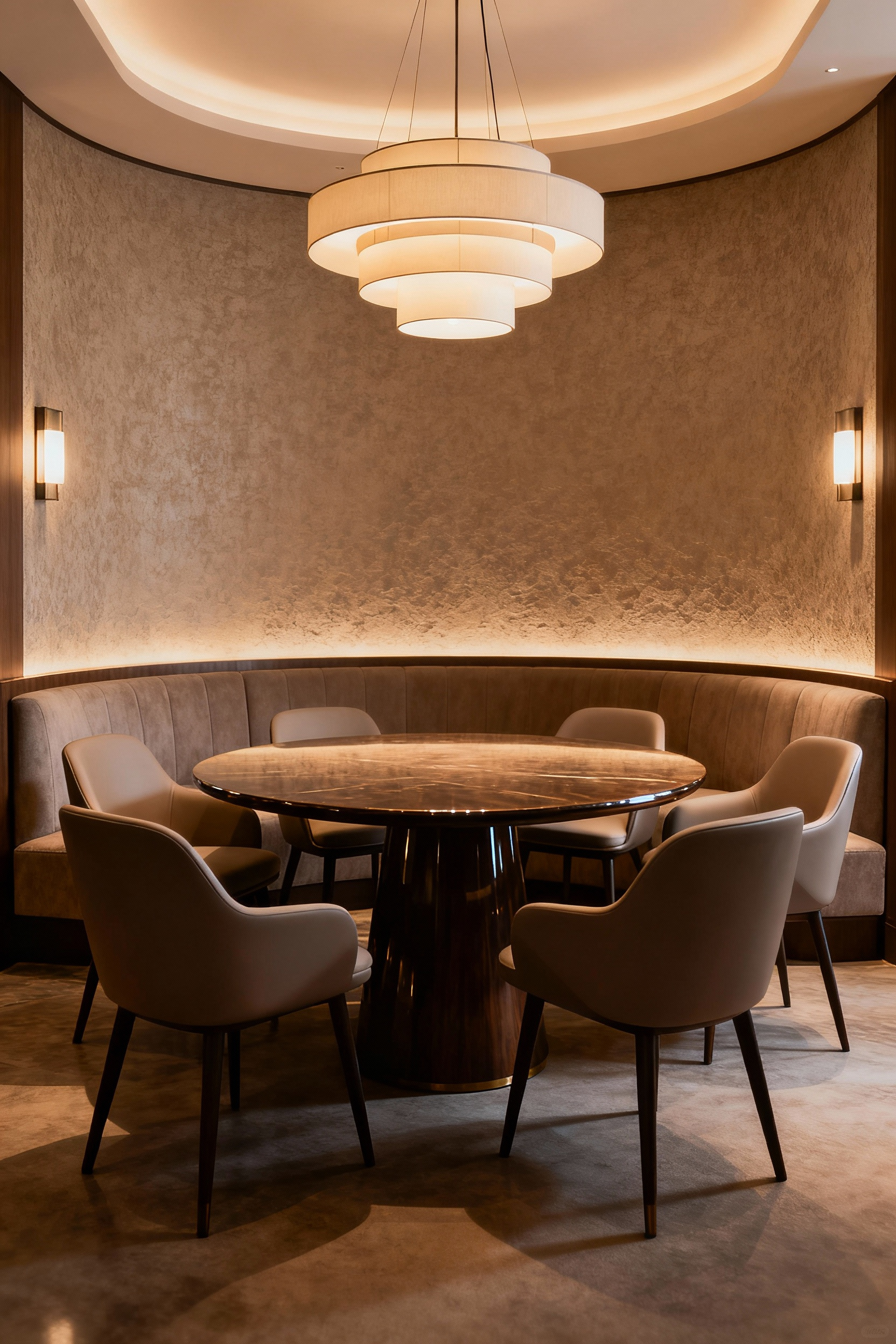 An elegant dining room showcasing a strategic seating arrangement, featuring a round dining table with comfortable chairs and a plush banquette. The lighting is soft and inviting, emphasizing a refined atmosphere designed for optimal conversational flow, without any people.