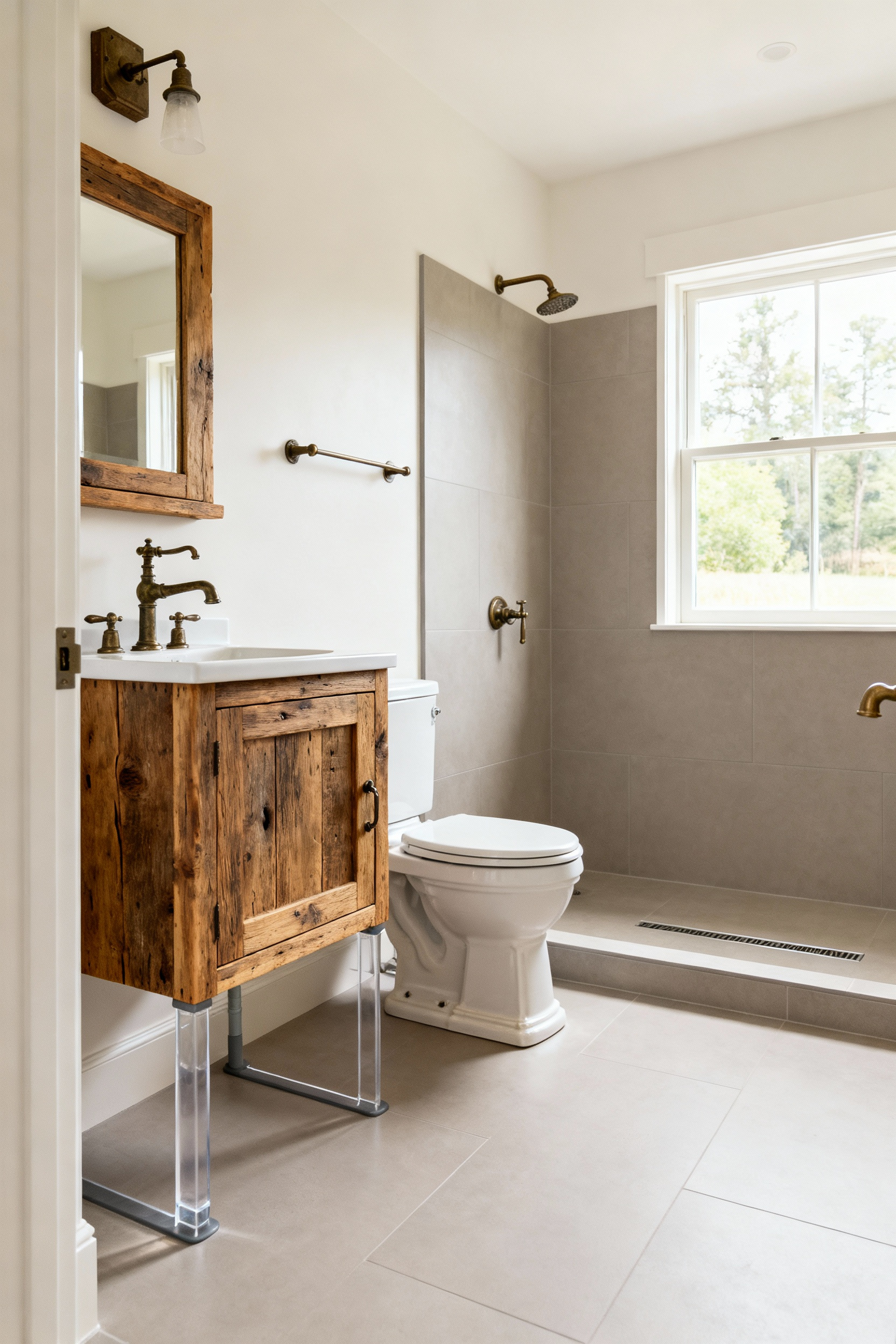 A well-appointed farmhouse bathroom featuring period-appropriate fixtures that prioritize functional harmony, including a curbless shower, lever-handle faucet, and comfort-height toilet for universal accessibility.