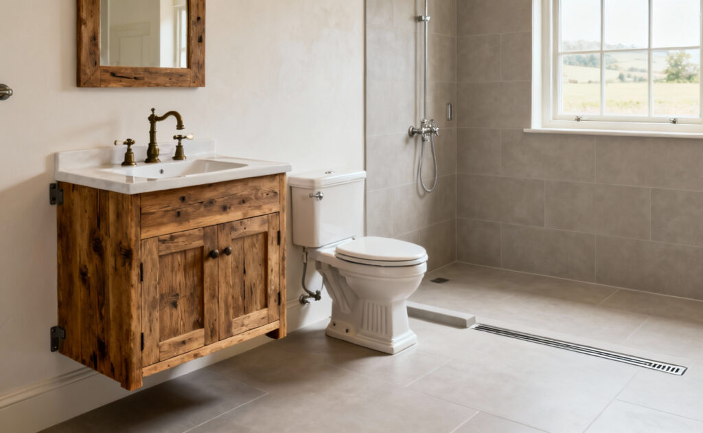 A well-appointed farmhouse bathroom featuring period-appropriate fixtures that prioritize functional harmony, including a curbless shower, lever-handle faucet, and comfort-height toilet for universal accessibility.