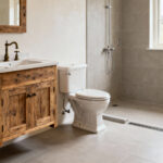 A well-appointed farmhouse bathroom featuring period-appropriate fixtures that prioritize functional harmony, including a curbless shower, lever-handle faucet, and comfort-height toilet for universal accessibility.
