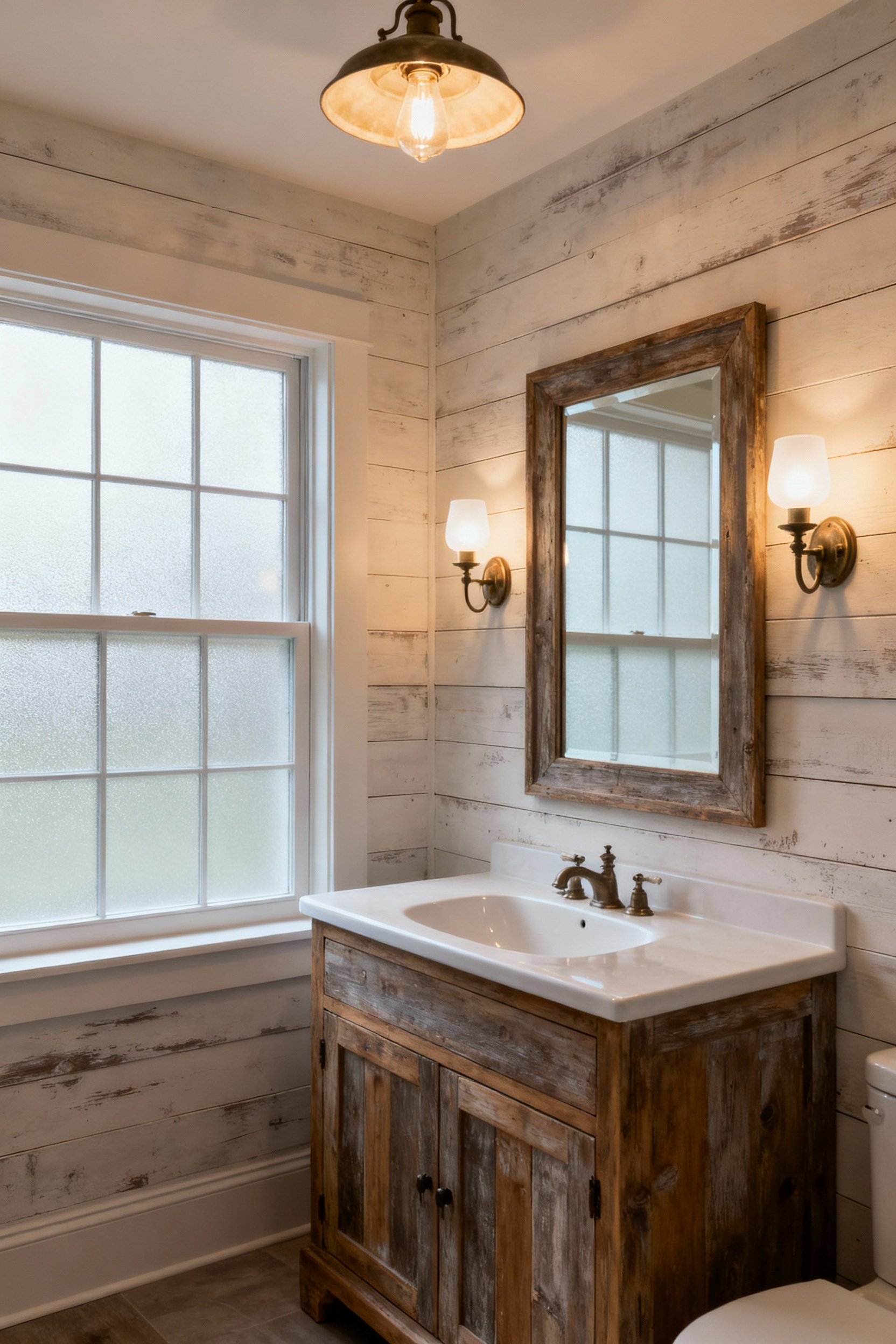 A bright, elegant farmhouse bathroom interior with layered lighting. A rustic wooden vanity with a large mirror is flanked by warm, dimmable sconces for task lighting. Soft ambient light fills the room, complementing natural light from a window. The space feels inviting and visually clear, embodying optimal farmhouse bathroom lighting design.