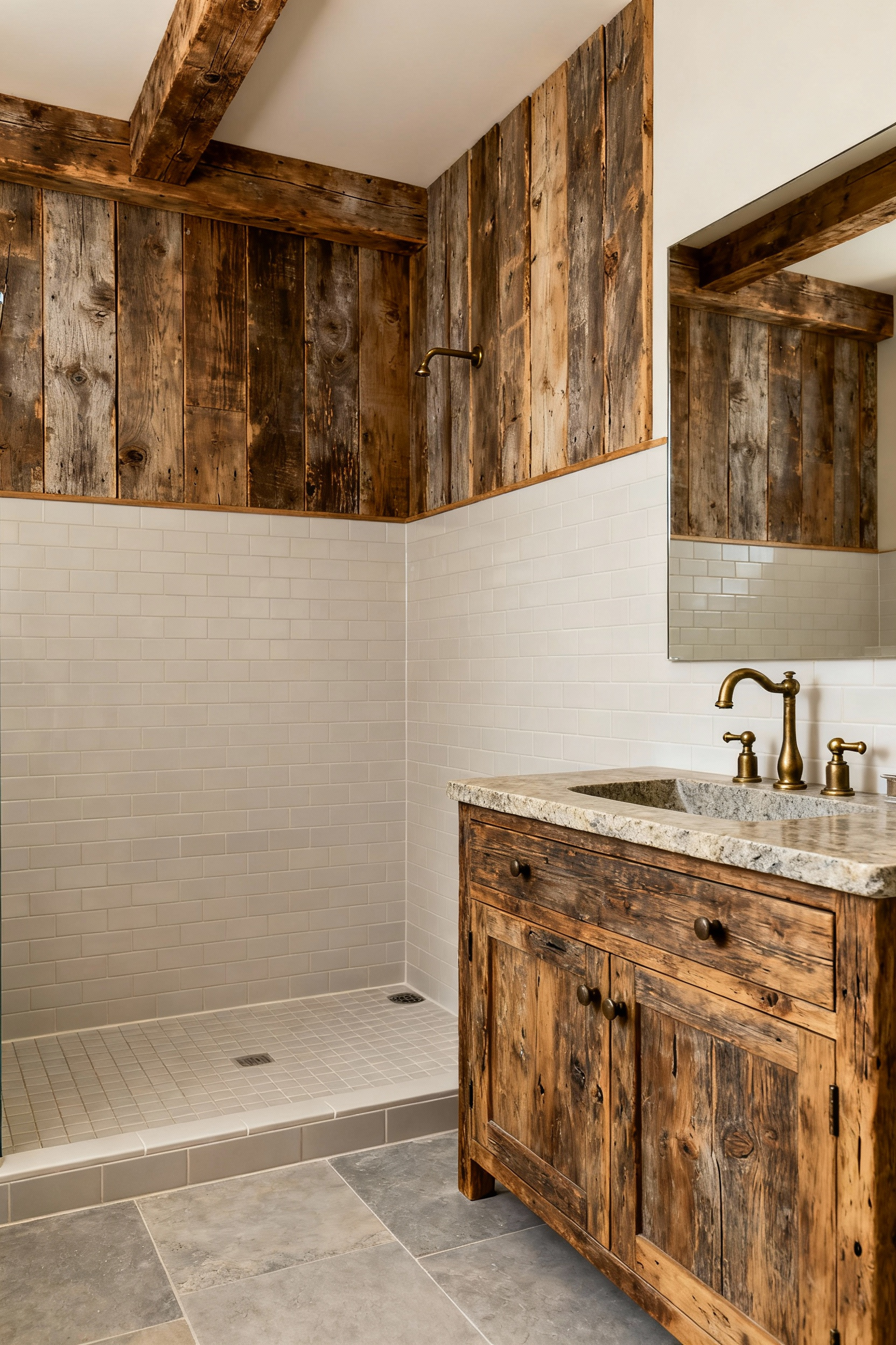 A farmhouse bathroom showcasing reclaimed wood accents, matte porcelain subway tiles in a curbless shower, and a rustic wood vanity with a soapstone countertop, all integrating timeless materials for tactile authenticity.