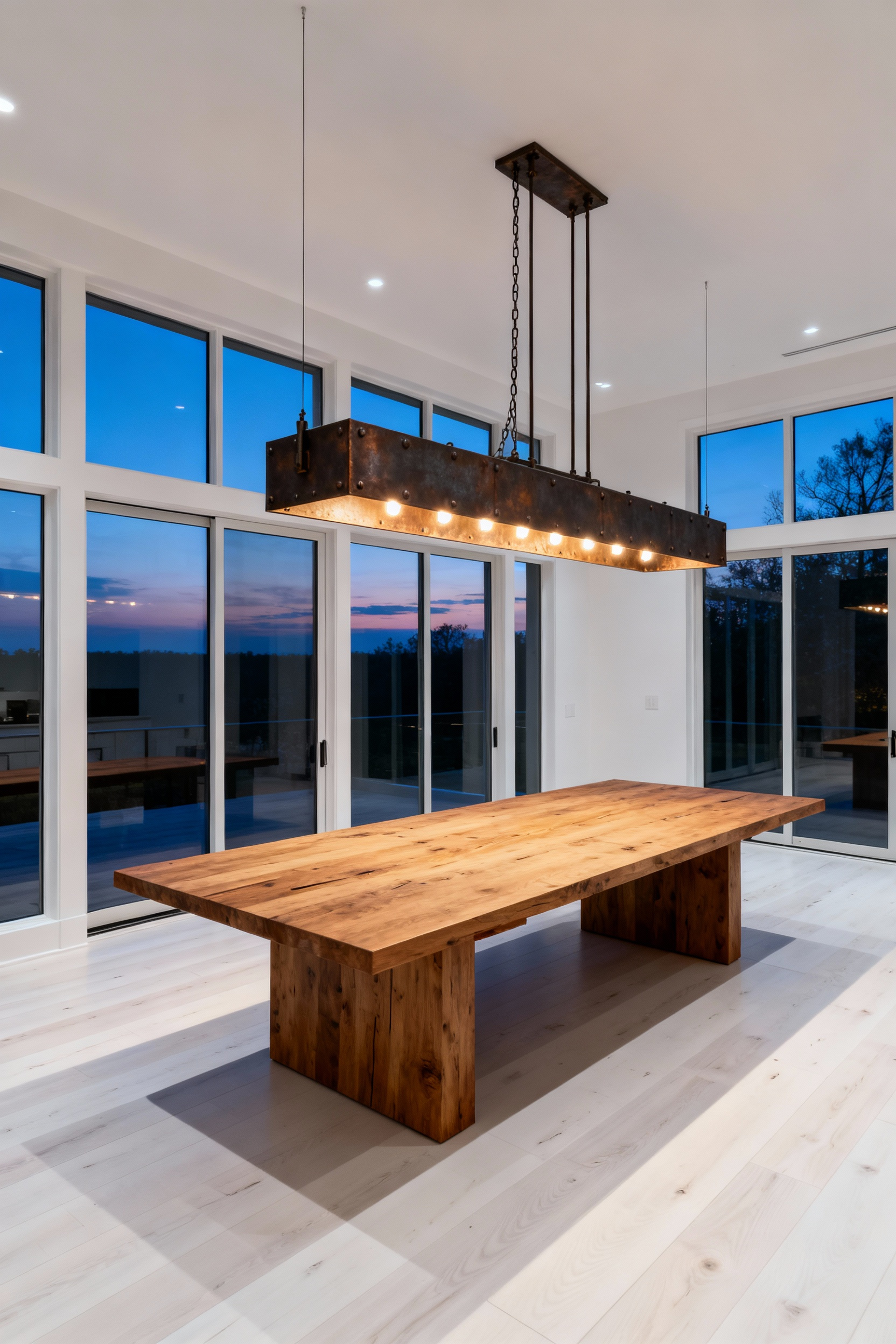 Oversized dark wrought iron dining room light fixture providing visual weight above a rectangular wood table in a sprawling open-concept home.