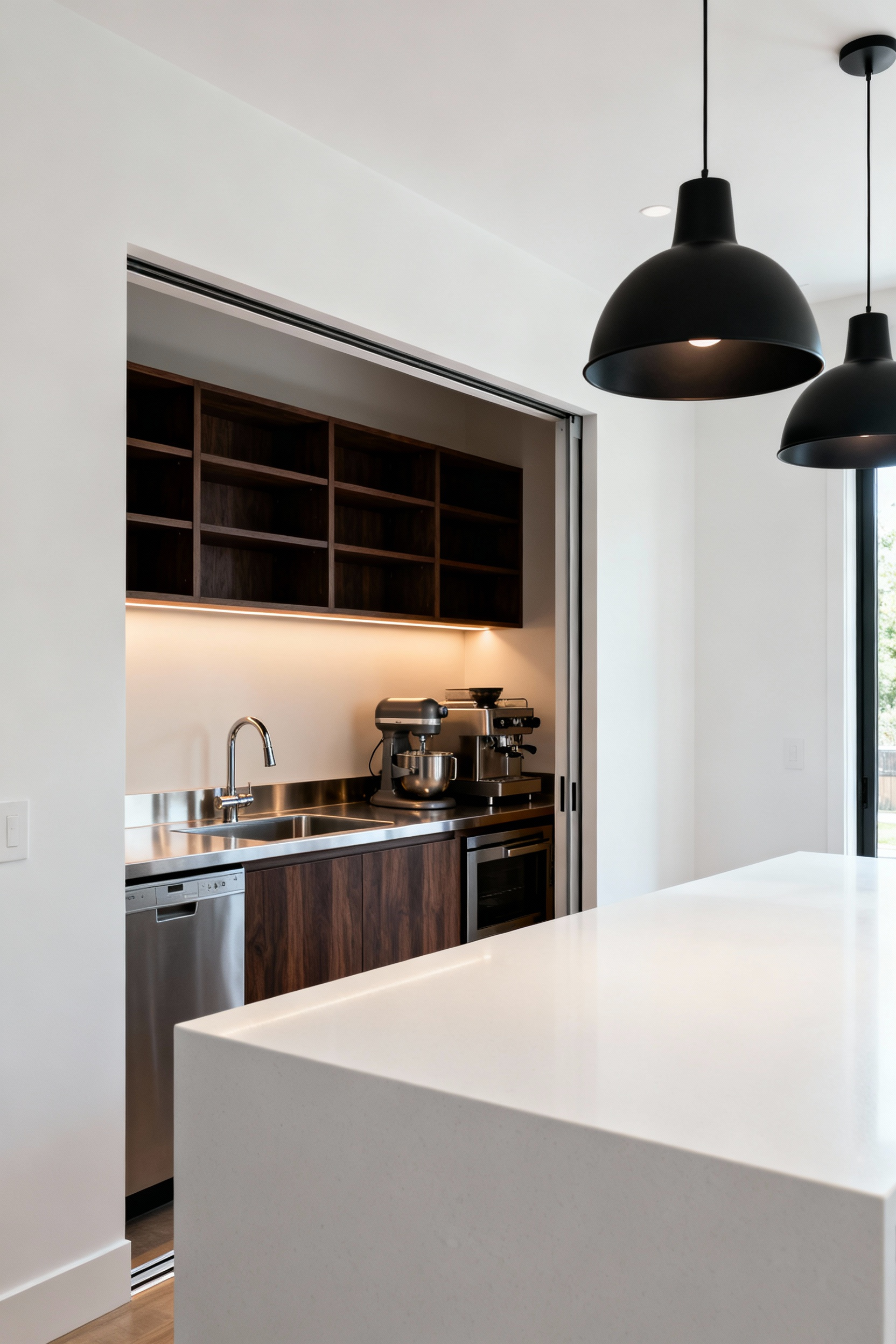 View of a modern minimalist white kitchen island contrasting with a partially visible, actively used dark wood butler's pantry through a pocket doorway, illustrating the 'show kitchen' versus 'work kitchen' concept.