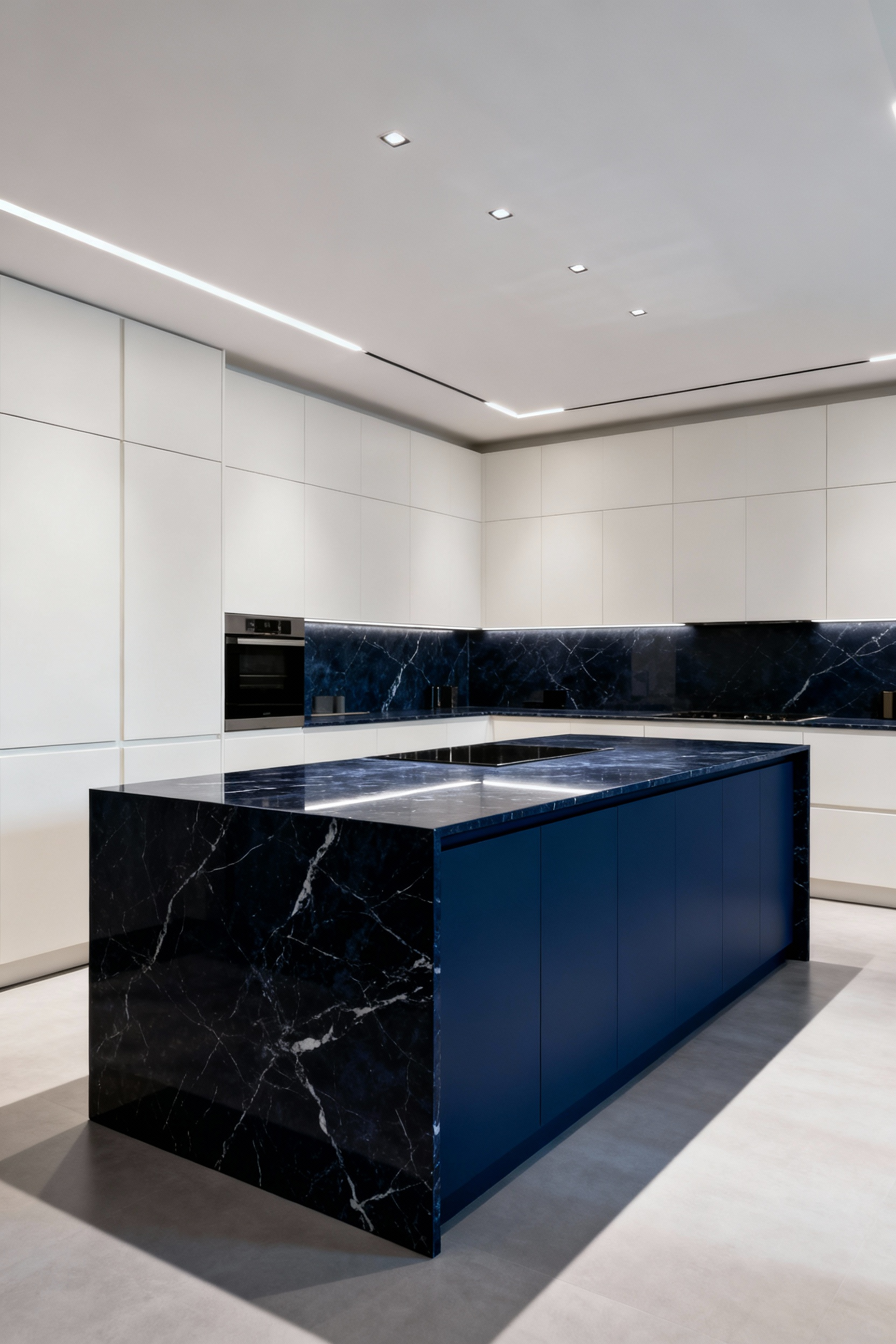 A modern kitchen interior featuring a large, polished navy blue island as a high-contrast focal point against matte off-white cabinets. The image emphasizes the visual and emotional impact of the bold color and finish differences.