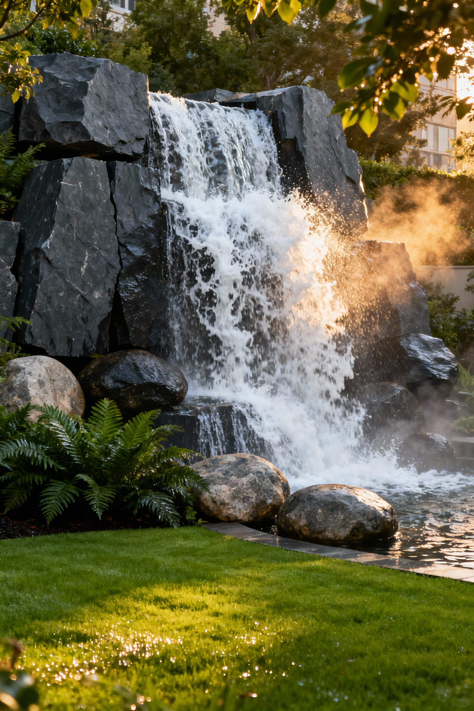 A powerful, multi-tiered urban garden waterfall crashing heavily over dark slate boulders, engineered for low-frequency sound masking.
