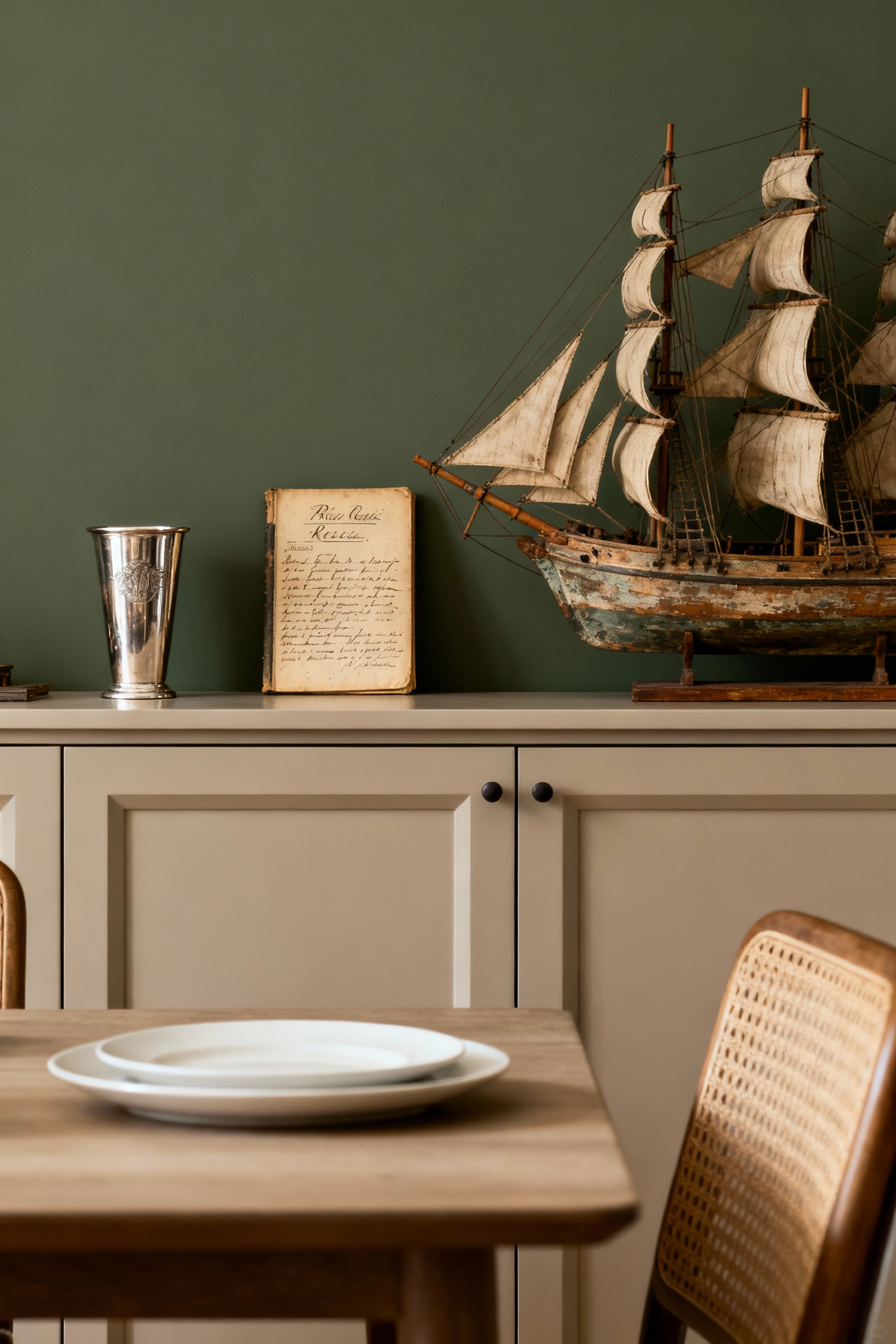Elegant dining room showcasing a display of historical artefacts including a sterling silver cup and an antique book, illuminated by soft accent lighting.