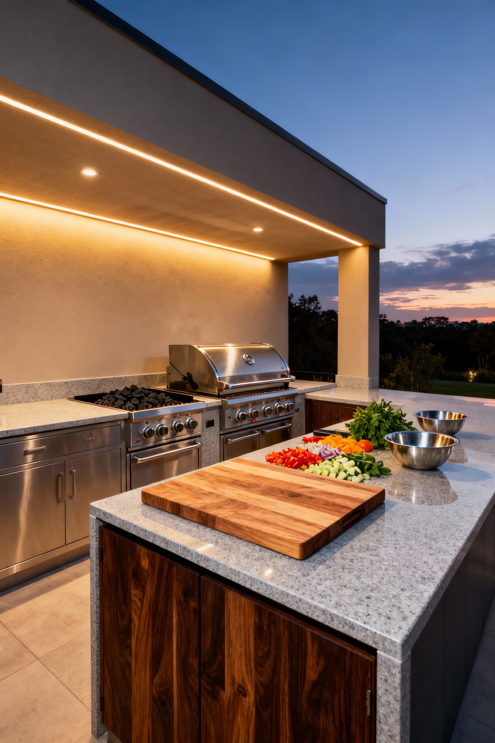 Sleek, custom-built outdoor kitchen featuring a large stainless steel hybrid grill station seamlessly integrated into light gray stone countertops, demonstrating maximized prep space and an efficient cooking workflow.