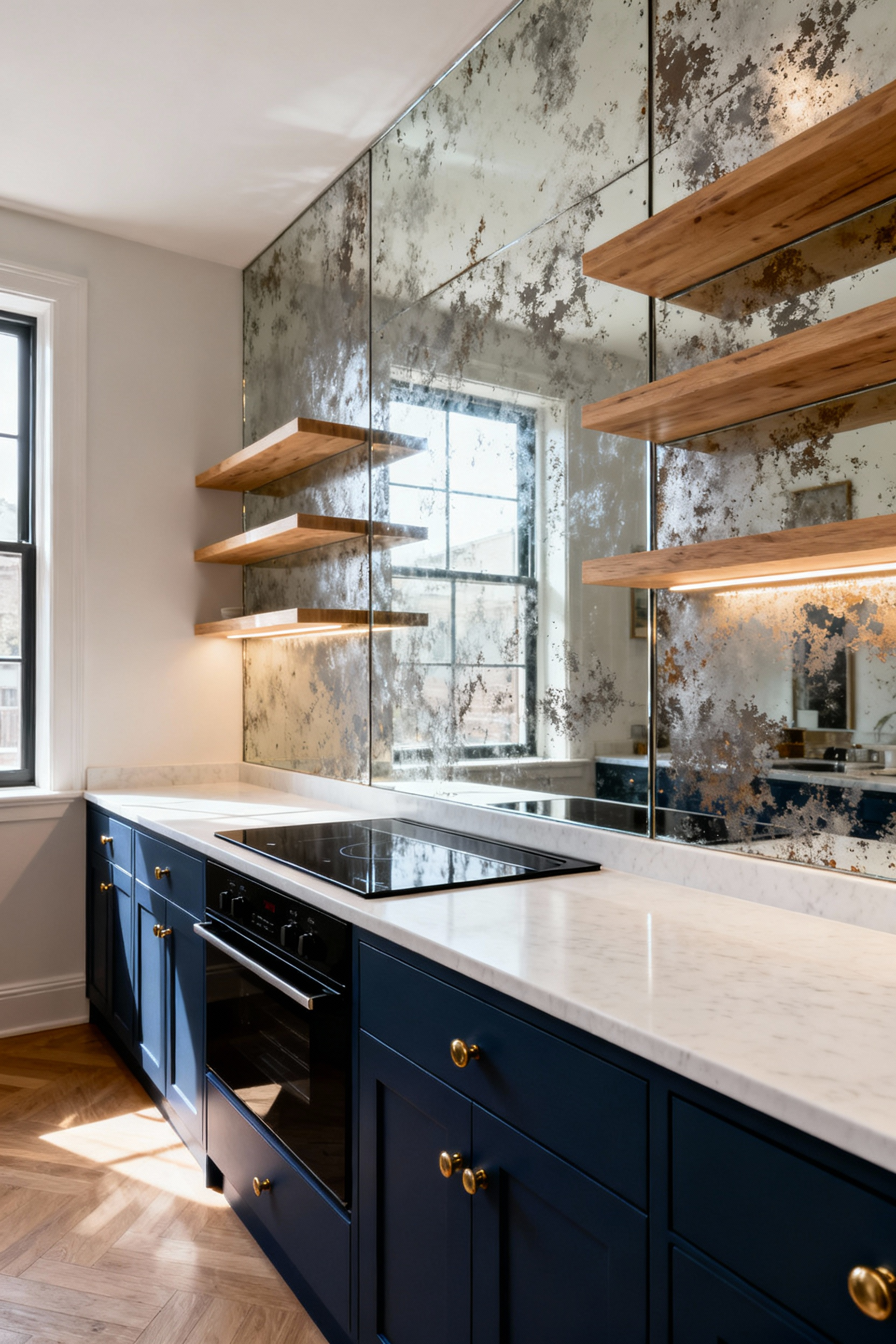 A photograph of a narrow, sophisticated galley kitchen featuring a continuous antique mirrored backsplash behind the cooktop, reflecting the room to visually double the perceived depth.