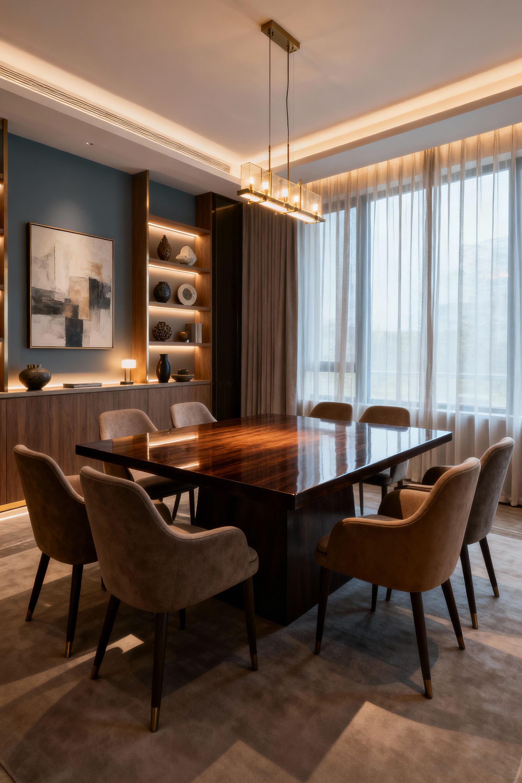 Elegant dining room designed for shared intentionality, featuring layered lighting, a polished wooden table, comfortable upholstered chairs, and meaningful decor to foster connection and reflection.