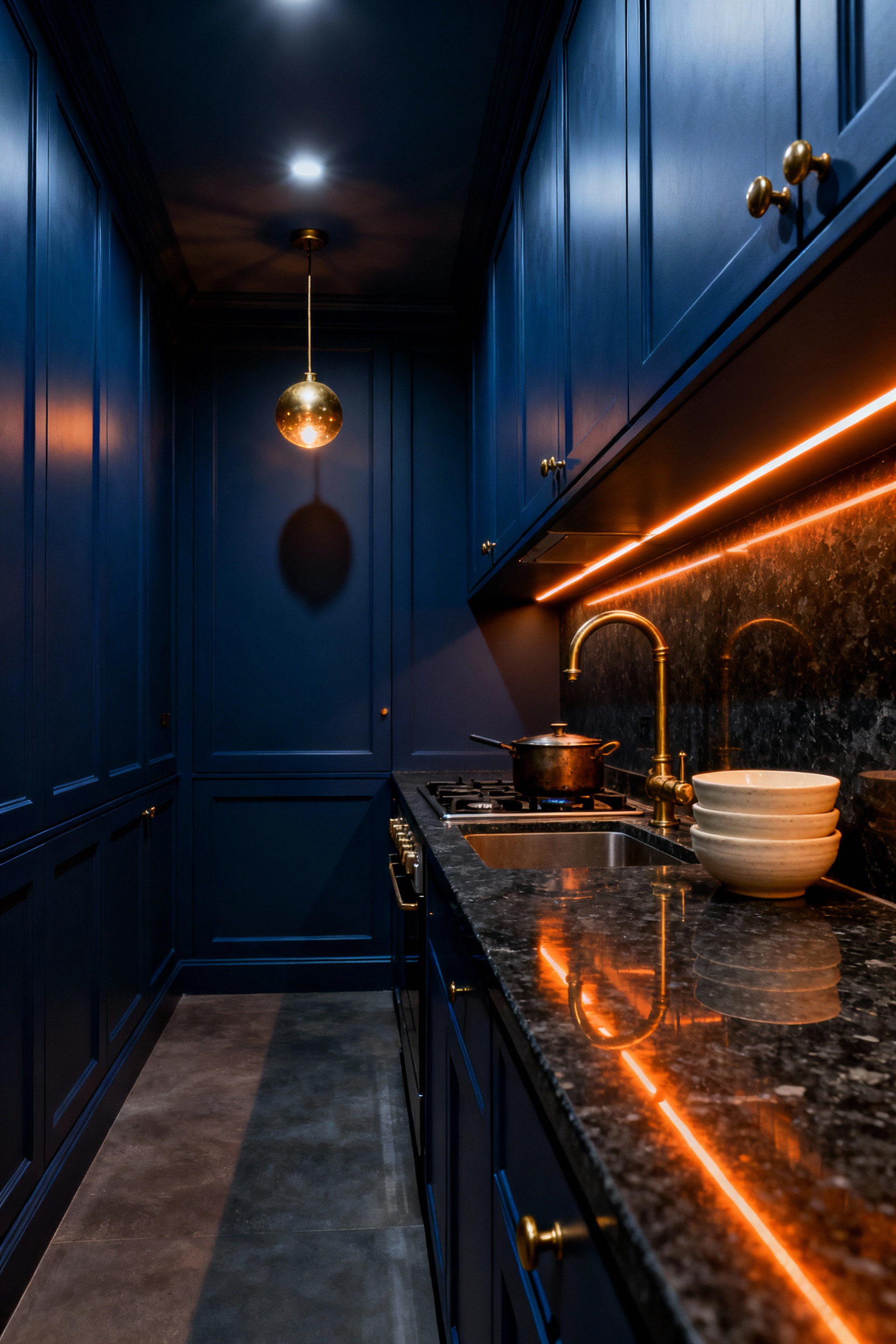 A narrow, sophisticated galley kitchen painted entirely in matte midnight blue, featuring dark honed countertops, brass hardware, and dramatic warm under-cabinet lighting that emphasizes the cozy 'Jewel Box' design style.