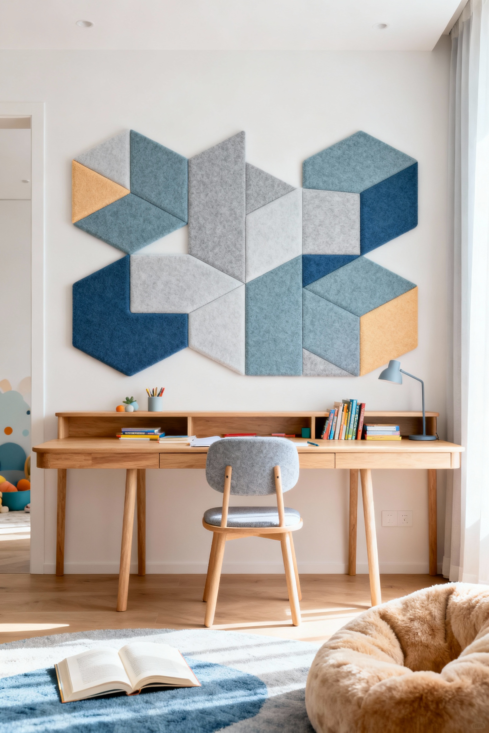 A modern child's bedroom showing geometric PET felt acoustic control panels installed on the wall above a study desk to reduce noise and enhance concentration.