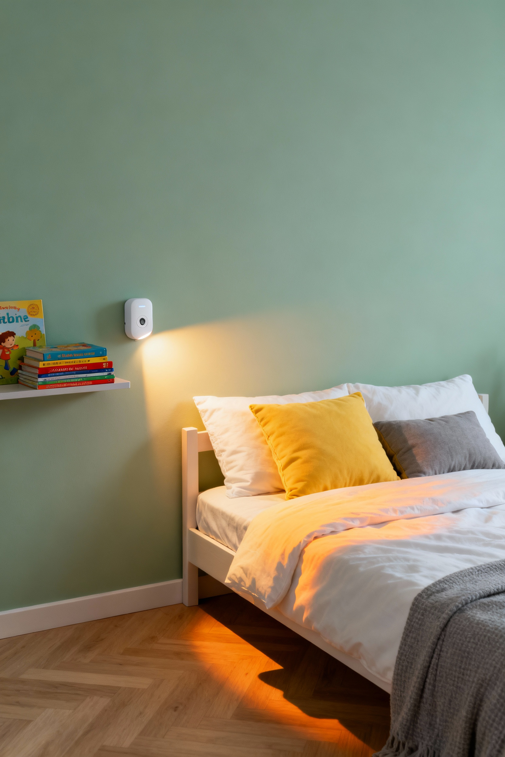 A full-scene photograph of a cozy, modern child's bedroom with soft sage walls, illuminated by warm golden smart lighting simulating a gentle morning sunrise to support healthy sleep cycles.